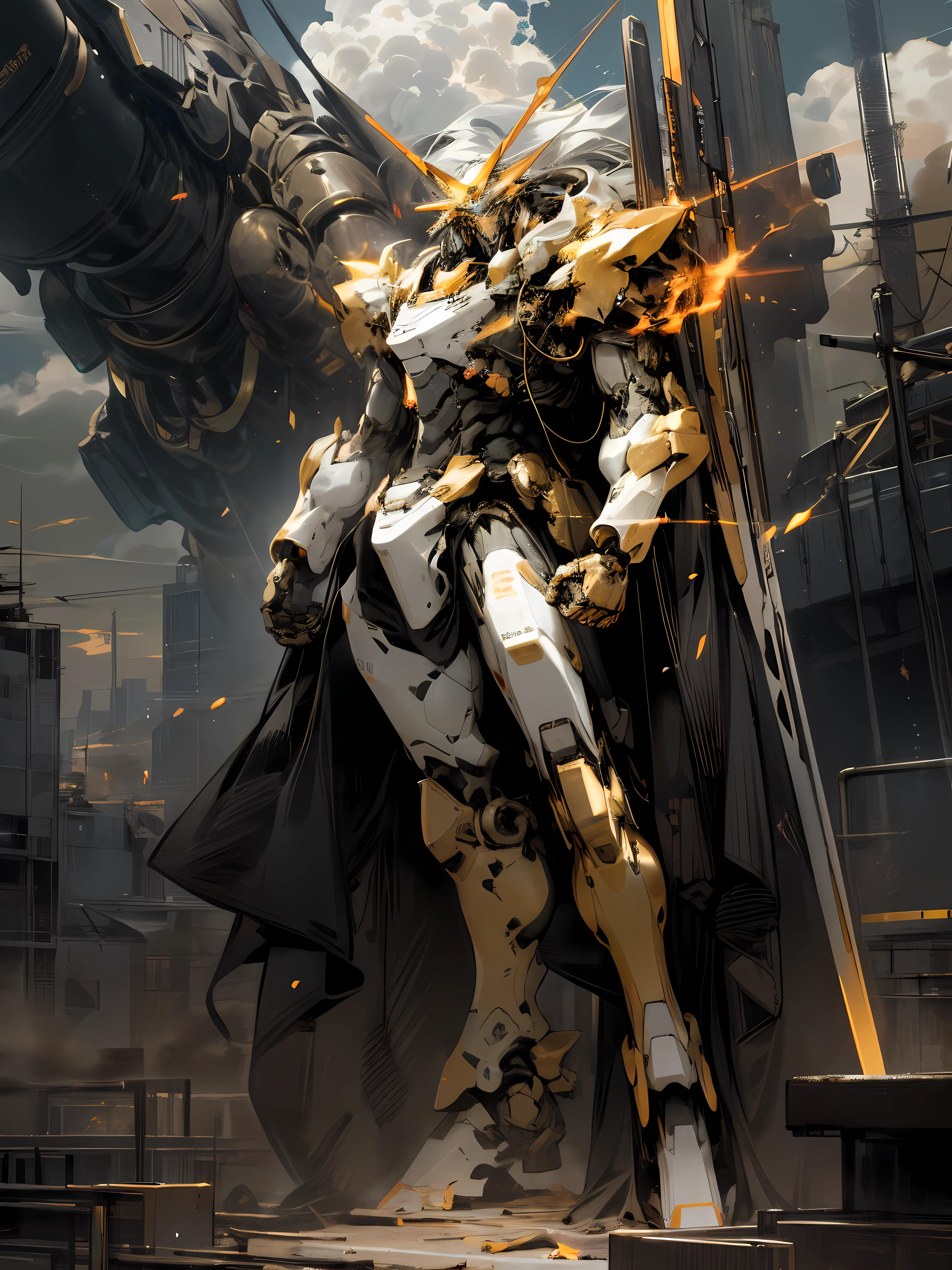 Skysky, clouds, ngel_arma, The No_Humanity, glowing, droid, buliding, glowing_The eye, mechs, scientific fiction, 城市.actual,mechs,clean background trending, Gold and black tones, Golden ratio composition,Full body photo,Crystal material, fiery red color, Red-black tones,Gold and black tones, ,Gold and black tones.