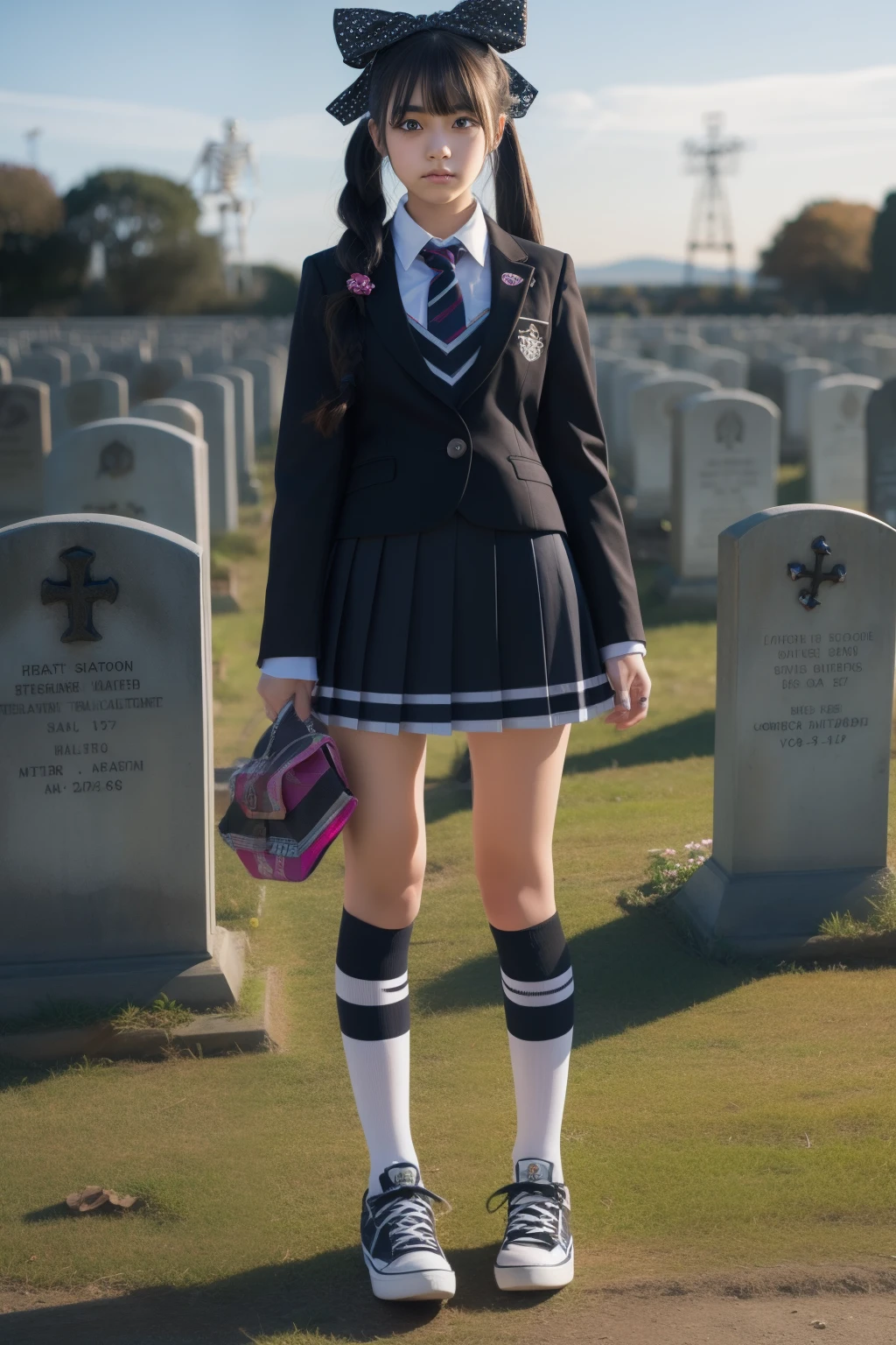 Esbian, High school girl controlling a skeleton、、skeleton uniform、skeleton shoes、Skull Hair Accessories、graveyard
