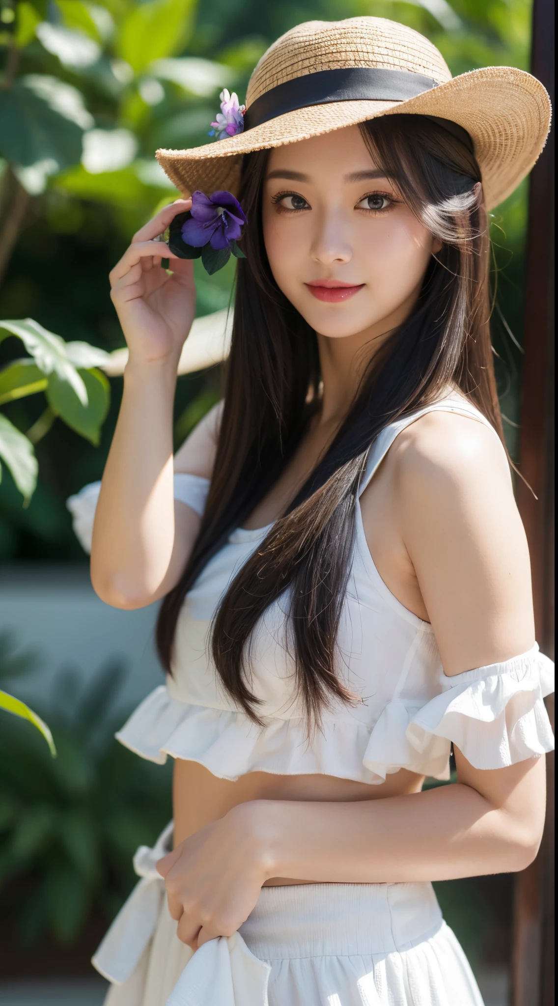 seductive smile, tokin hat, hair flower, dilated pupils, makeup, depth of field, masterpiece, super detail, high quality, highres, selfie, womam, black cropped