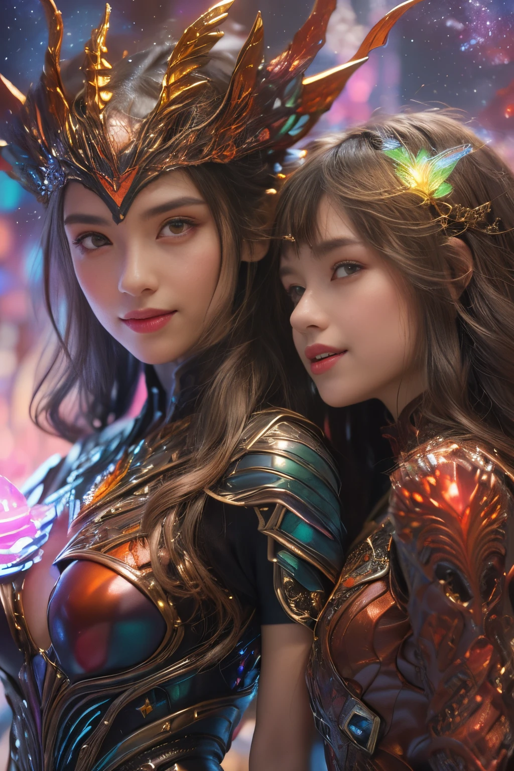 (Two beautiful teenage italian girls:1.6), Close friends, (They are hugging each other:1.2), Kiss her cheek or chest,(Detailed iridescent bodysuit with beautiful fractal or marble design:1.5), Incredible and spectacular scenes, ((High quality)), ((Detailed)), ((Fantasy)), Blue Plasma Brain, Green Plasma Body, Showing her armpits, beutiful breast, obscenity, (Lewd smile:1.2), coarse, Obscene, (Immoral:1.2), Lachish, (small breasts with beautiful raised pink areolas,,:1.5), (Cameltoe), (Expression of ecstasy:1.2), Photorealistic, Official art, Unity 8K Wall , 8K Portrait, Best Quality, Very high resolution, (Incredibly beautiful nature background:1.6), (18 years old:1.5), (Sexy and glamorous:1.1), (A coquettish expression:1.6), (seductively smiling:1.6), (erotic posing:1.9), (Model Posing:1.8), Beautiful seductive face, Portrait, (Thick eyebrows:1.4), (Big scarlet eyes:1.6), Beautiful eyes with fine symmetry, (Ultra detailed eyes:1.4),(Highly detailed face and eyes:1.7), (High-resolution red-eye:1.8), Intimate face, (ultra detailed skin texture:1.4), White skin, pale skin, Perfect Anatomy, Thin, (Beautiful toned body:1.5), Highly detailed hair, (Moist skin:1.2), No makeup, (dark circles:1.1), Good anatomy, Focus Face, good-looking, (Emilia Clark:0.6) (Emma watson:0.3),(Jennifer Connelly:0.4), Elegant face, Nice, (A delicately crafted necklace is wrapped around her neck..), (Bioluminescence with brilliant brilliance:1.4), (Luminous magic circle:1.5), Ruins of an ancient castle, Shining majestic cloud masses and sky, lightning bolt, Epic Realistic, (Greg Rutkowski:0.8), (teal and orange:0.4), (Art Station:1.5), Cinematic, (NSFW:1.2), Hyper Detailed, Dramatic light, (Intricate details:1.1), Beautiful black hair, (Wearing a gauntlet with a dense and very beautiful design decorated with jewels:1.1), Small chest, Galaxy, (nebulas:1.6), The Dark Knight, Fully armored body focus
