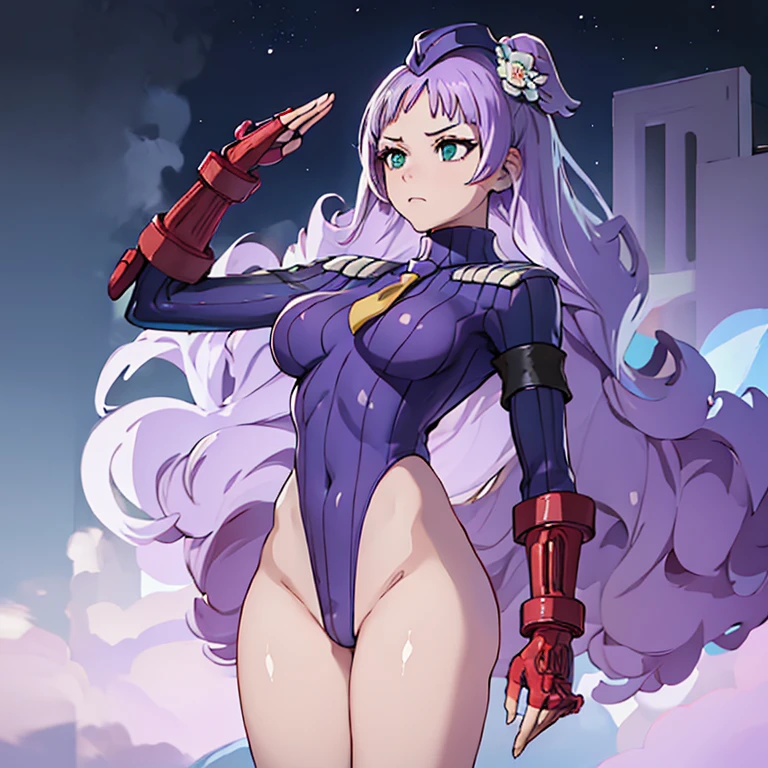 ultra-detailed, Explicit, Beautiful body, Beautiful Nose, Beautiful character design, perfect eyes, perfect face, ultra highres, 4K, beautiful legs, perfect legs, Nice hands, Perfect hand, Masterpiece, Best Quality, Highly detailed, illustration, absurdres, street fighter, doll suit, shadaloo doll, dollsuit, girls, multiple girls, expressionless, blank eyes, looking at viewer, red gloves, emotionless, black latex, corrution, mind control, female combatant, full body, hypnotized, unhappy trance, full body suit, ribbed bodysuit, both arms at side, stand up straight, obey, perfect female body, extremely glossy latex, hypnosis, hypnoLora, empty eyes, Mind control device, brainwashed, poses, submissive_pose, Slave, hat, necktie, stand up straight, standing, standing at attention, hat, necktie, belt, extending the right arm from the shoulder into the air with a straightened hand, nazi saluting, military, military saluting, salute, right hand saluting, left hand at side, latex, ribbed bodysuit, Garterbelt, tighthigh, elle-chan, El-chan, hirogaru Sky! Precure, purple hair, long hair, green eyes, flower