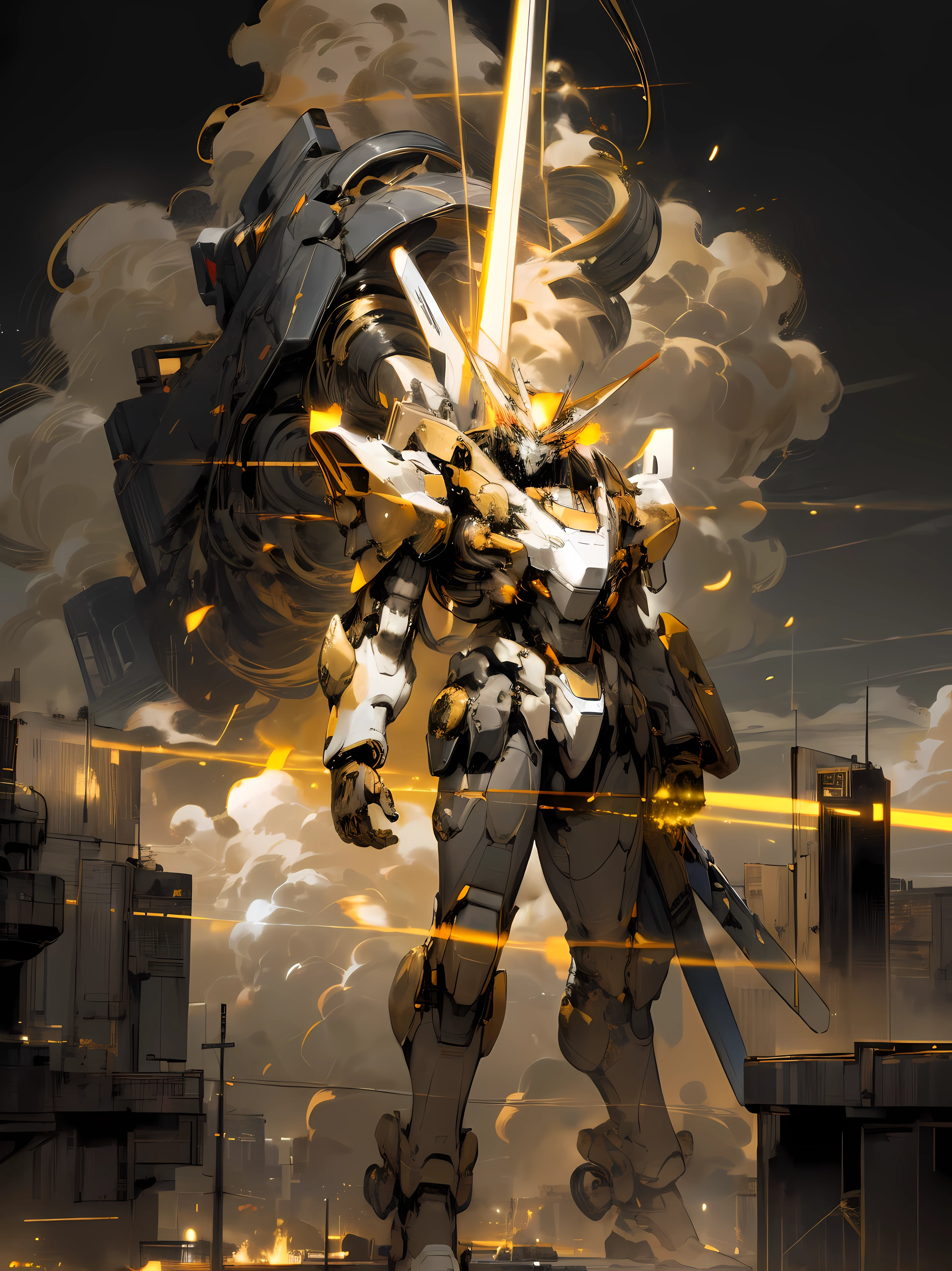 Skysky, clouds, ngel_arma, The No_Humanity, glowing, droid, buliding, glowing_The eye, mechs, scientific fiction, 城市.actual,mechs,clean background trending, Gold and black tones, Golden ratio composition,Full body photo,Crystal material, fiery red color, Red-black tones,Gold and black tones, ,Gold and black tones.