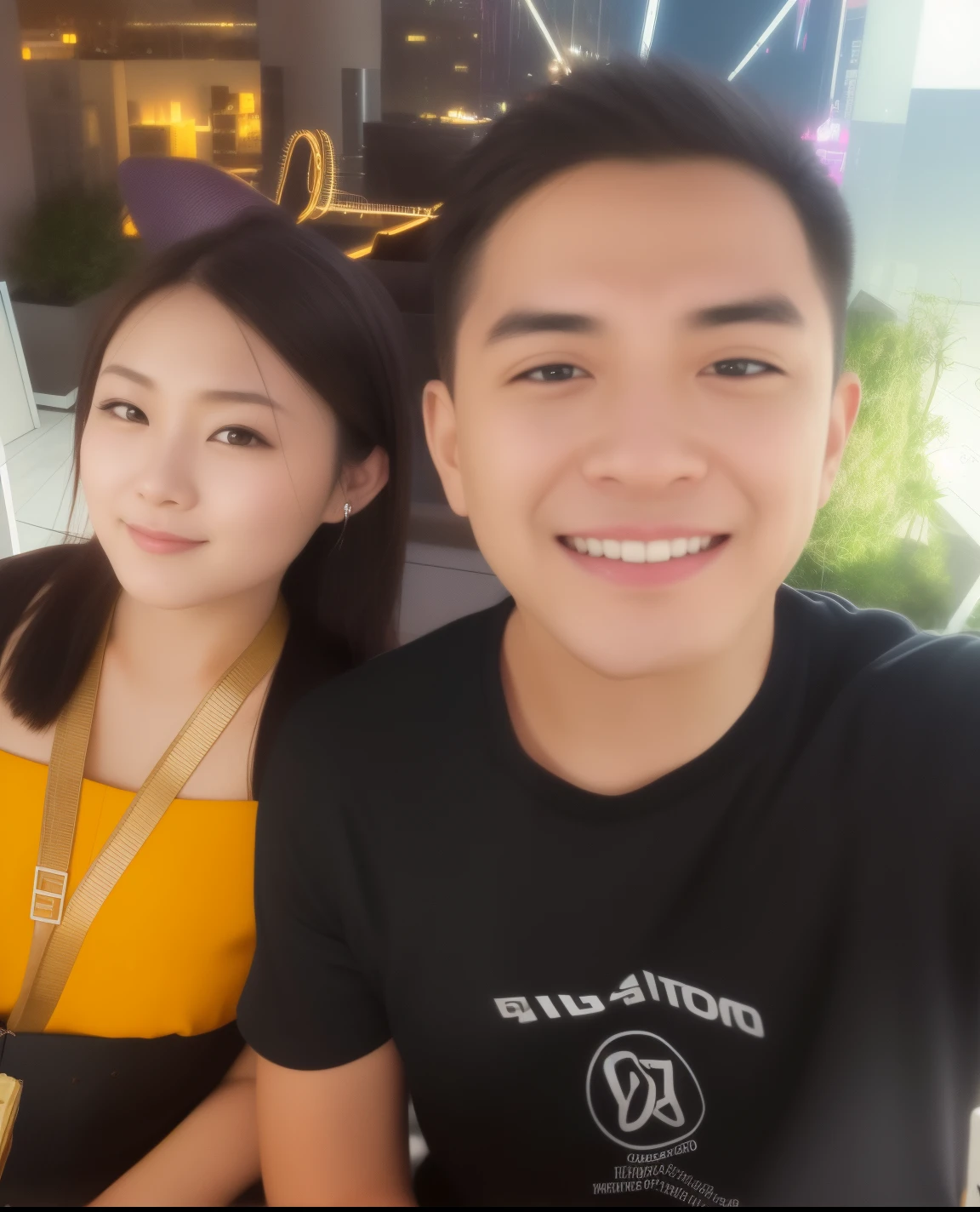 they are sitting at a table with a plate of food, 8k selfie photograph, tyler edlin and natasha tan, at future neon light rooftop, jordan grimmer and natasha tan, taken on go pro hero8, shot on nikon z9, selfie shot straight on angle, ruan jia and brom, taken with the best dlsr camera, shot on gopro9
