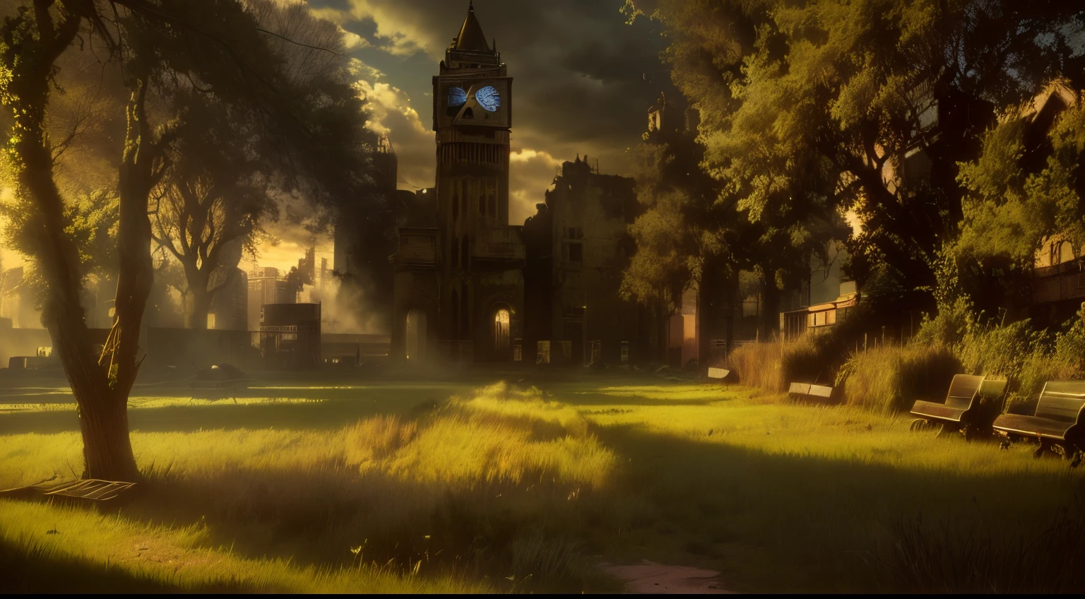 Post-apocalyptic, cinematic photograph, dilapidated large building, clock tower in the background, city park overgrown with grass and plants, post-apocalypse city scene,urban decay, dramatic sky, dystopian, moody, eerie, haunting, intense shadows