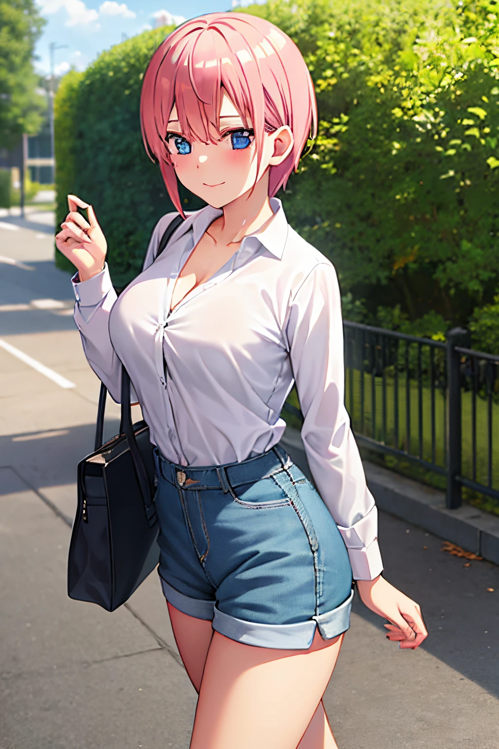 2d, masterpiece, best quality, anime, highly detailed, 1girl, solo, cowboy shot, nakano ichika, pink hair, short hair, cardigan around waist,White crop top, cleavage,Denim shorts, medium breasts, standing, outdoors, smile