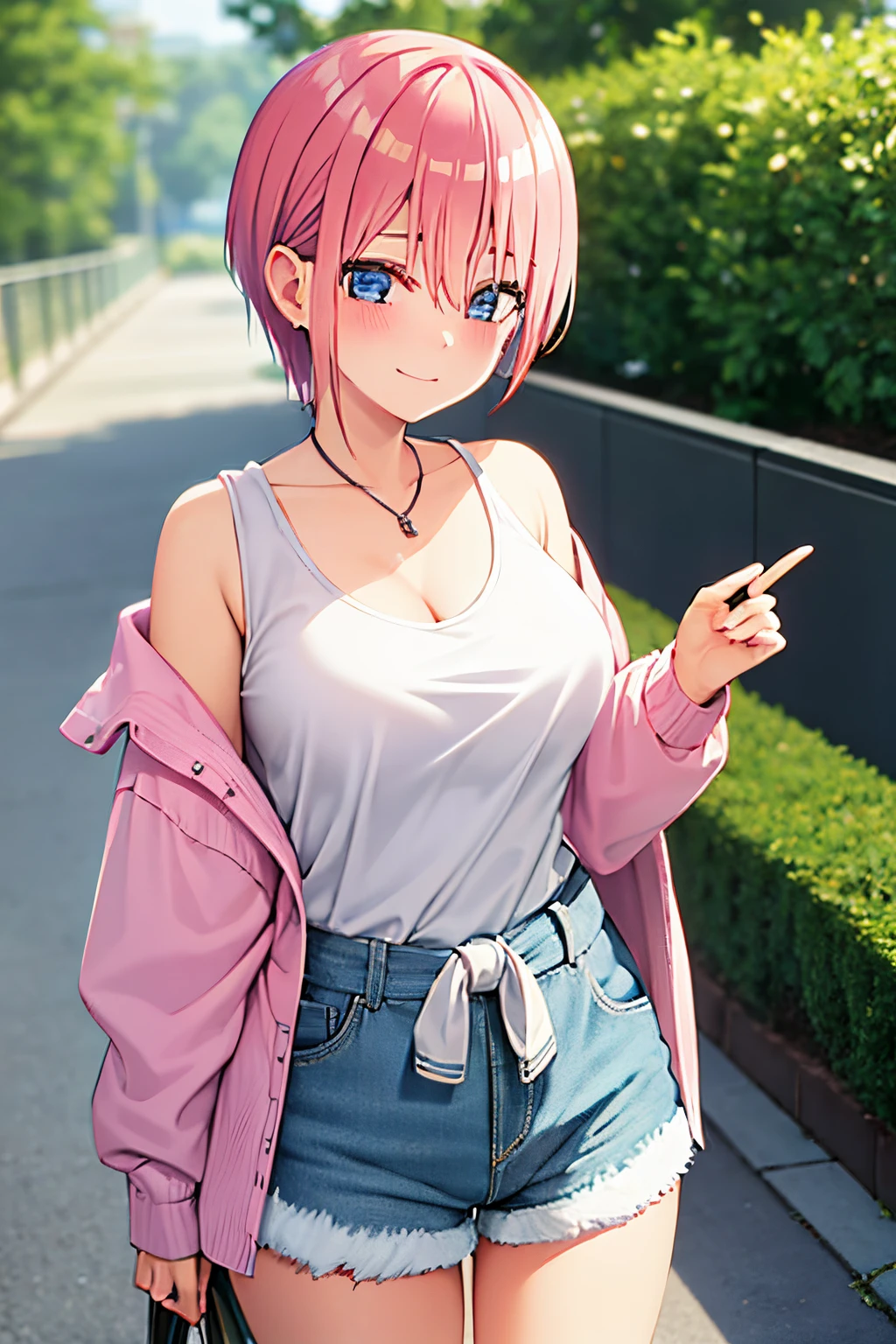 2d, masterpiece, best quality, anime, highly detailed, 1girl, solo, cowboy shot, nakano ichika, pink hair, short hair, cardigan around waist,White crop top, cleavage,Denim shorts, medium breasts, standing, outdoors, smile