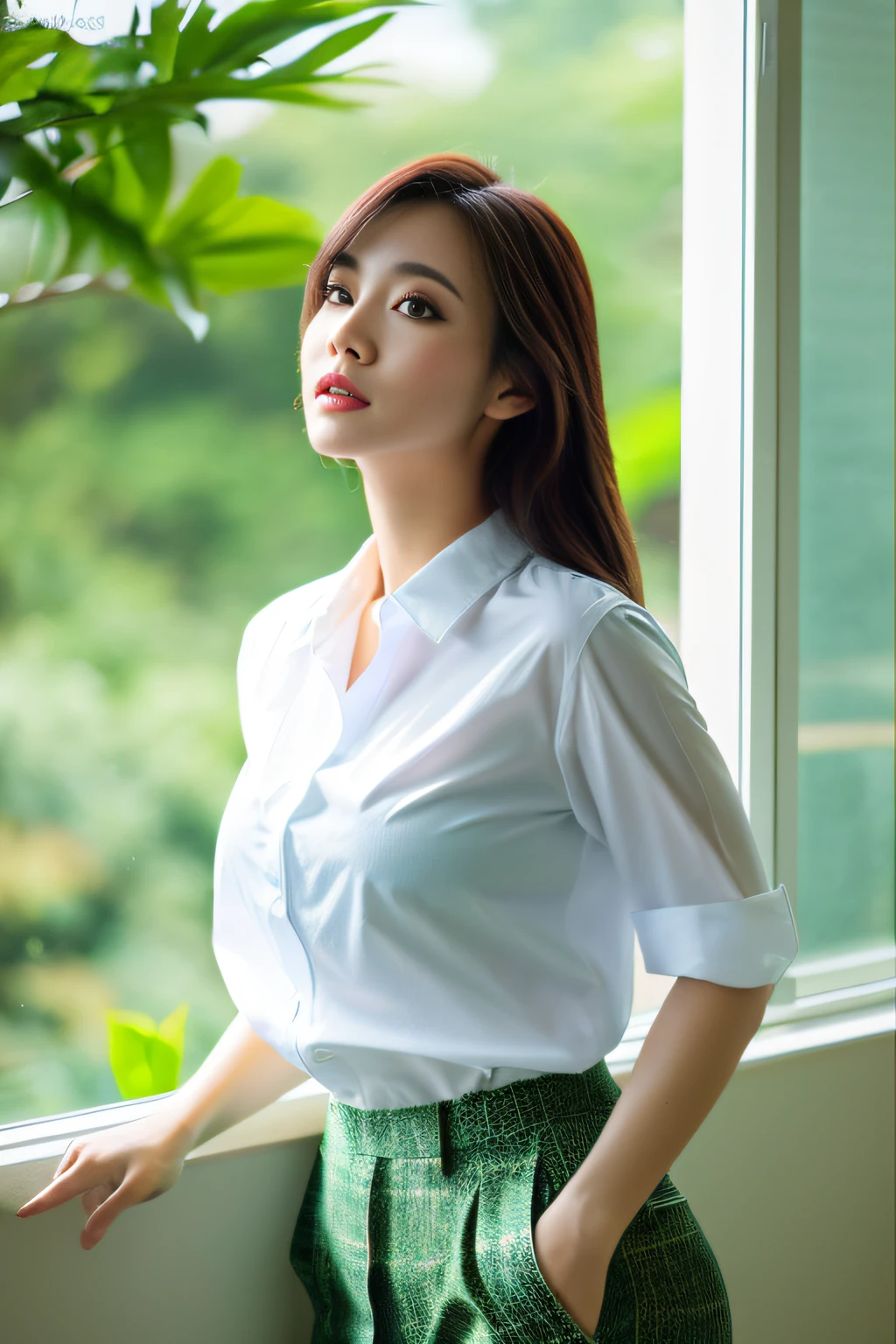 (​masterpiece、high-level image quality、hightquality、8K)、(beautifulRealistic)、(perfect anatomia、beautiful rims beautiful skin)、large business Y shirt、pantiy、Super sexy poses、window、foliage、Green landscape、modeled、