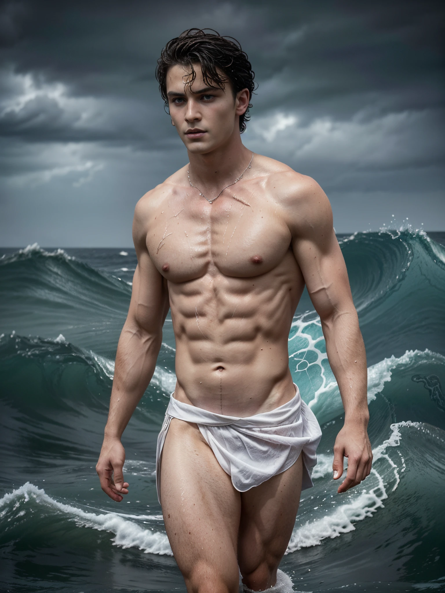 ((masterpiece)),((best quality)),8k, high detailed, ultra-detailed, Stylish Pose, real skin texture, dark cinematic lighting, 18-year-old male model, handsome, cute looking, divine look, powerful blue eyes, (Poseidon god:1.5), god of the seas, Neptune, godly, water separation, controlling the seas, white pale skin, intense blue eyes, short brown messy hair, strong jawline, masculine, muscular, defined fit body, hairless chest, shirtless, pantless, walking towards the camera, sinister aesthetic, dark storm clouds, (ocean waves:1.5), dark night, dark storm waves, (), barelegged, barefoot, (white roman loincloth:1.2), (white male skirt:1.1),,, dim light, (dark atmosphere:1.5), cinematic lighting, Depth of field, award-winning photography, elegant, hyperrealistic, octane render, unreal, high definition, 8k resolution, highly detailed, 8k uhd, professional lighting, photon mapping, radiosity, physically-based rendering