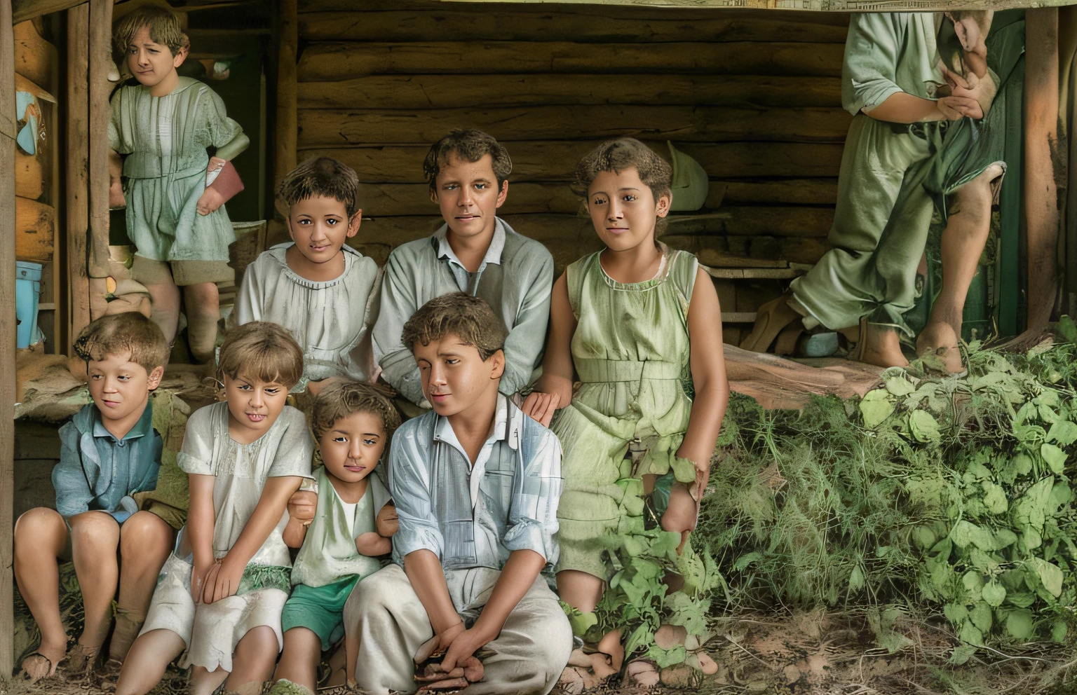 There are many children and adults posing together for a photo., in front of a wooden house Frame from a live action movie, # movie, photographic still, production still, scene from live action movie, Arte mixto, film promotional still, still from movie, nostalgic 8k, Foto vintage en color, por Dan Frazier, high quality film still, film still, High-resolution still film, Promocional