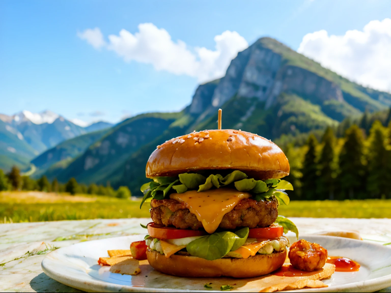 Close up shots of beef patty of a burger with sauces and green lettuce stacked on top of a cheese slice, on top of large white marble plate, outdoor, mountains in background with some cloud carpets, 8k image.
