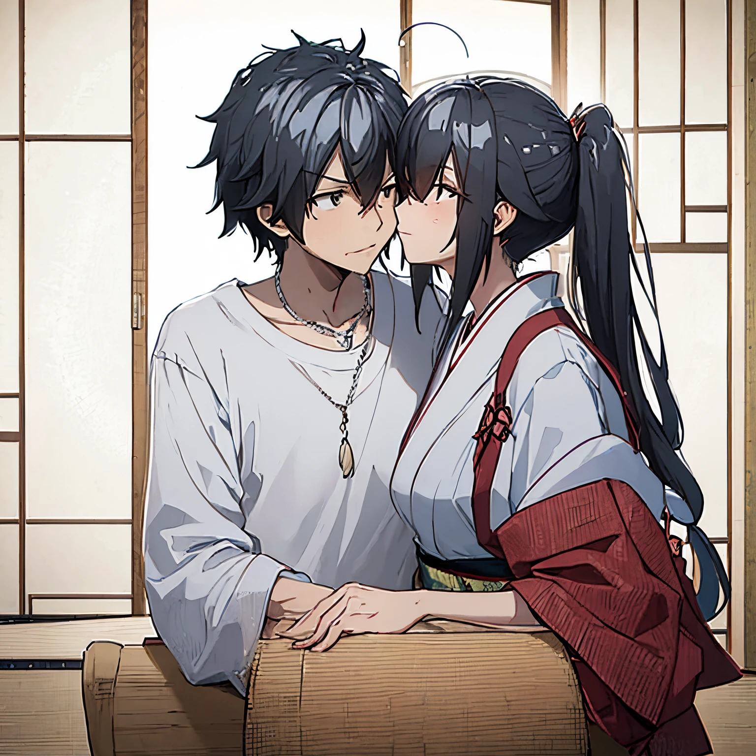 a man and a woman hugging and kissing on the mouth in casual clothes, japanese apartment