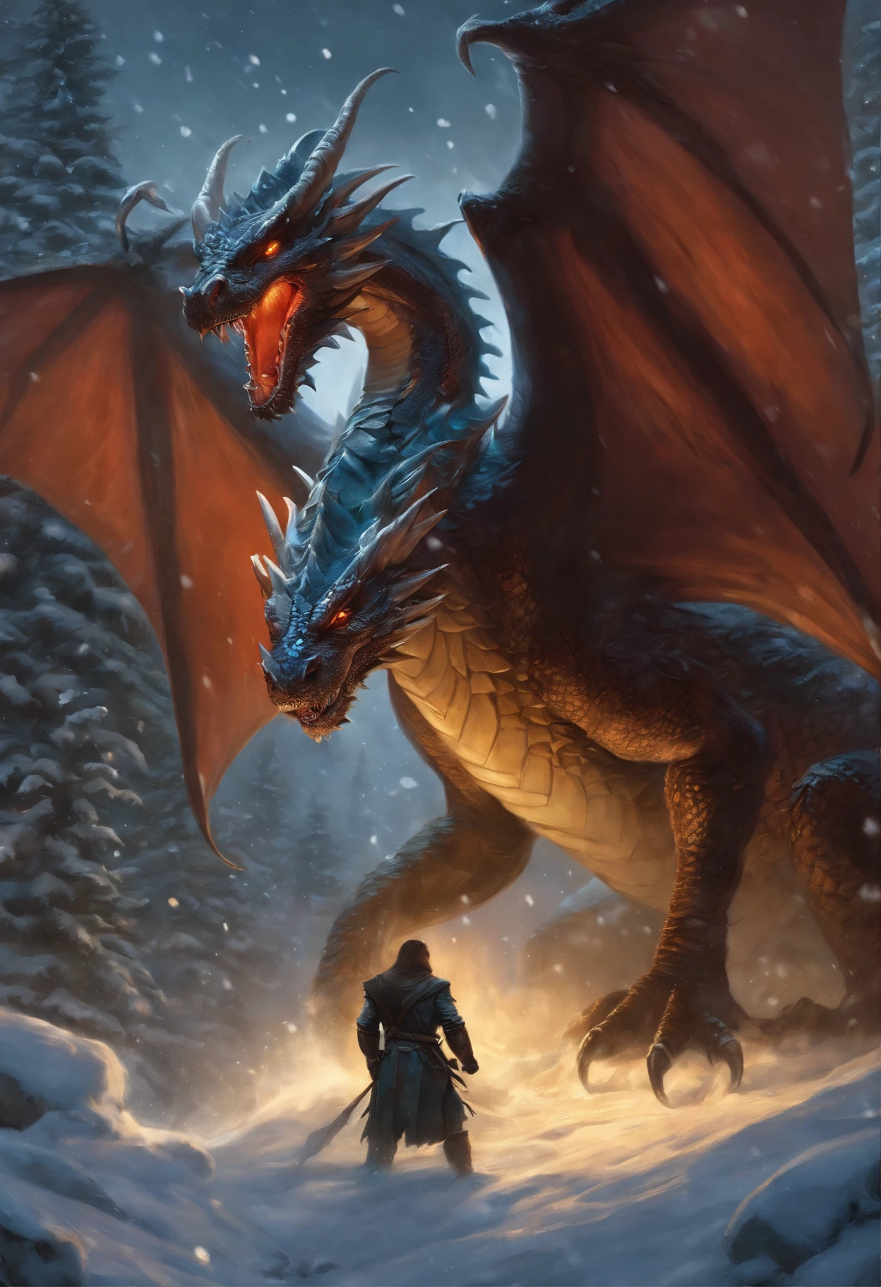 the dragon stands in the snow next to the Christmas tree, collectible card art, dragon art, Frost Dragon, Magic Card Art, DND Card Cover, Tarragon Vore Art, D&D Commission Art Dragon, by Adam Marczyński, tyler edlin fantasy art, Ryan Barger, dungeons and dragons fantasy art