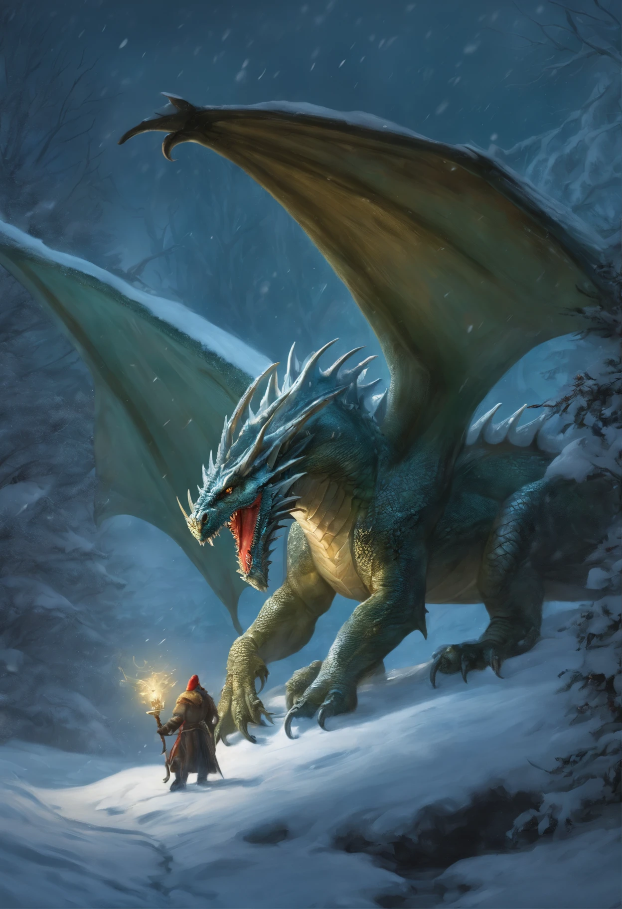 the dragon stands in the snow next to the Christmas tree, collectible card art, dragon art, Frost Dragon, Magic Card Art, DND Card Cover, Tarragon Vore Art, D&D Commission Art Dragon, by Adam Marczyński, tyler edlin fantasy art, Ryan Barger, dungeons and dragons fantasy art