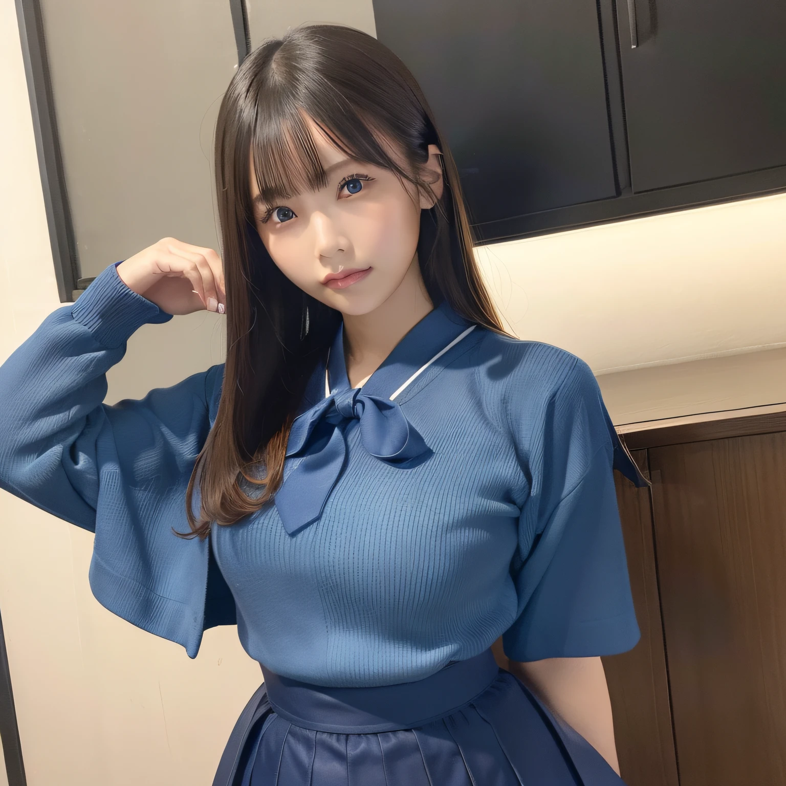 Photo quality,Masterpiece,Realistic,(Cute  Japanese sister:1.9),(Detailed young face:1.9),(Very embarrassed look:1.9),(Thin legs:1.9),(Cute pose,View from below:1.9),(Cute high school girl outfits:1.9),((Droopy eyes:1.9)),((Body type of a 16 year old Tits:1.9)),(Smooth straight hair:1.9),((Skinny Legs)),Very pale skin,Let your bangs down,Detailed body,Detailed hands,No makeup