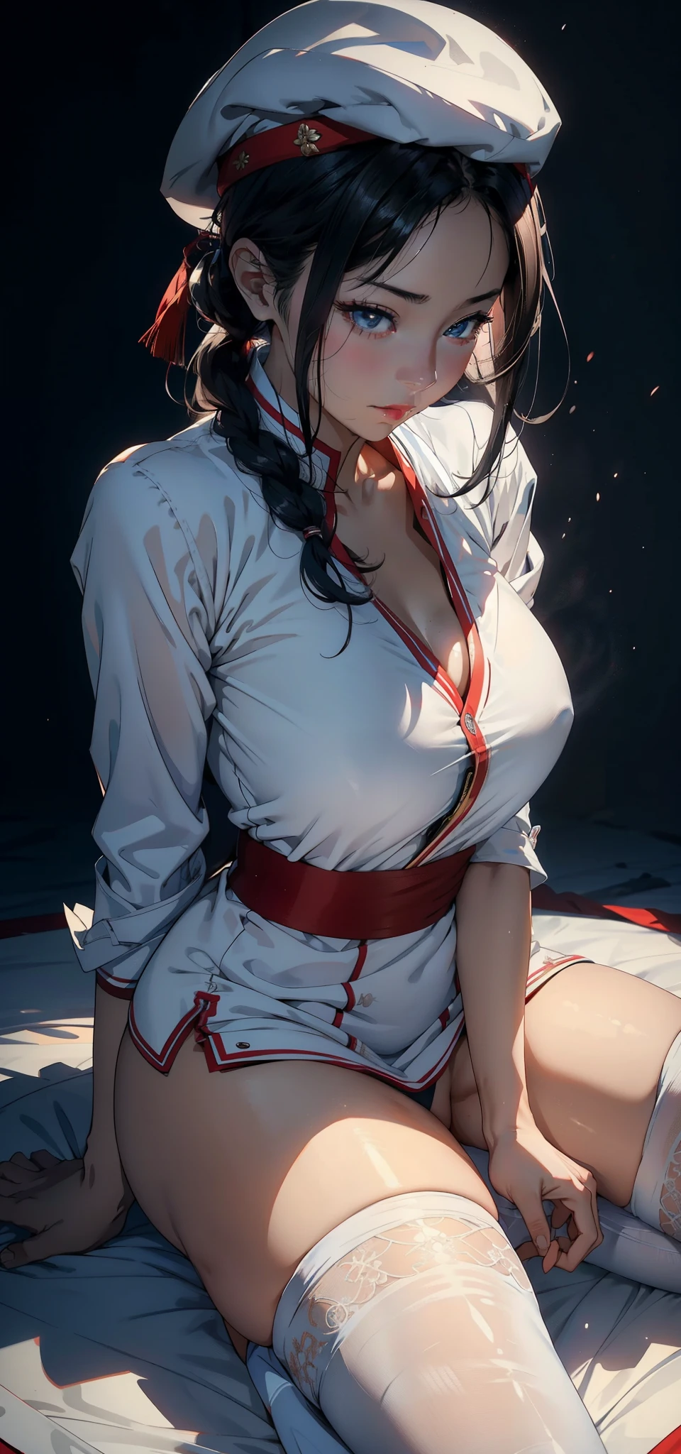 1人の女性,33yo,,摩洛解放阵线,Very huge,Raised sexy,unmask, 独奏,(Background with:aerodrome,at a forest,Planes,)in an airplane, She has short black hair,bobo head,Redlip,age girl,dynamicposes,seen from the front, hair straight, The sky is mostly cloudy,(((tmasterpiece),(Very detailed CG unified 8k wallpaper),Best quality at best,电影灯光,detailed back ground,The pupil of the right eye is beautiful and delicate,(very delicate beautiful),(Beautiful and detailed eye descriptions),eBlue eyes,Redlip,ultra - detailed,tmasterpiece,)),facing at the camera,(Upper part of the body),A high resolution,ultra - detailed),violent weapons, convex,sit on a bed,Device leakage,incontinence,legs are open,sexyposture,Camel toe skin color,with her mouth open,Street,Chinese flight attendant,beret(dressed in:,white hanfu)