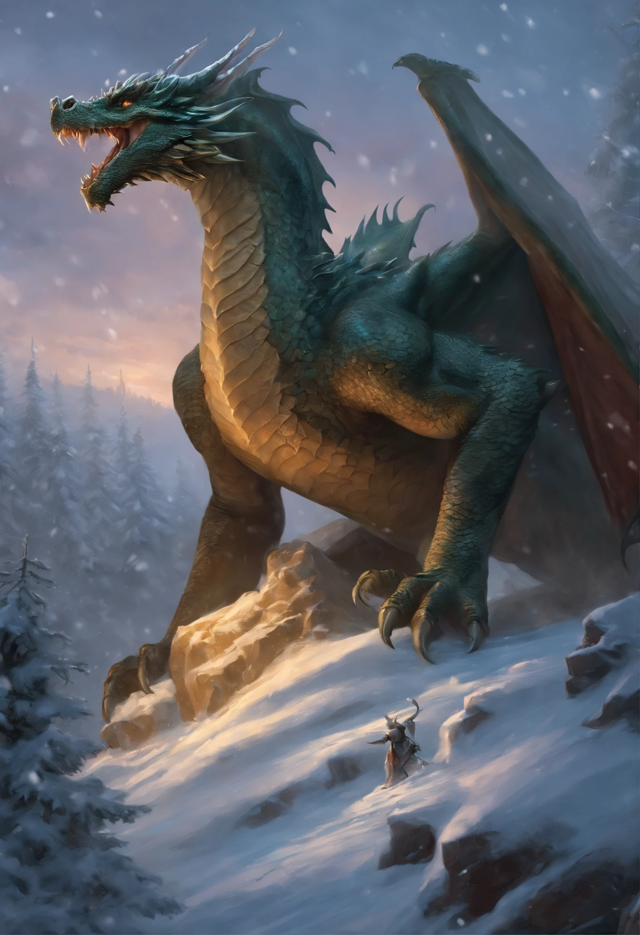 the dragon stands in the snow next to the Christmas tree, collectible card art, dragon art, Frost Dragon, Magic Card Art, DND Card Cover, Tarragon Vore Art, D&D Commission Art Dragon, by Adam Marczyński, tyler edlin fantasy art, Ryan Barger, dungeons and dragons fantasy art