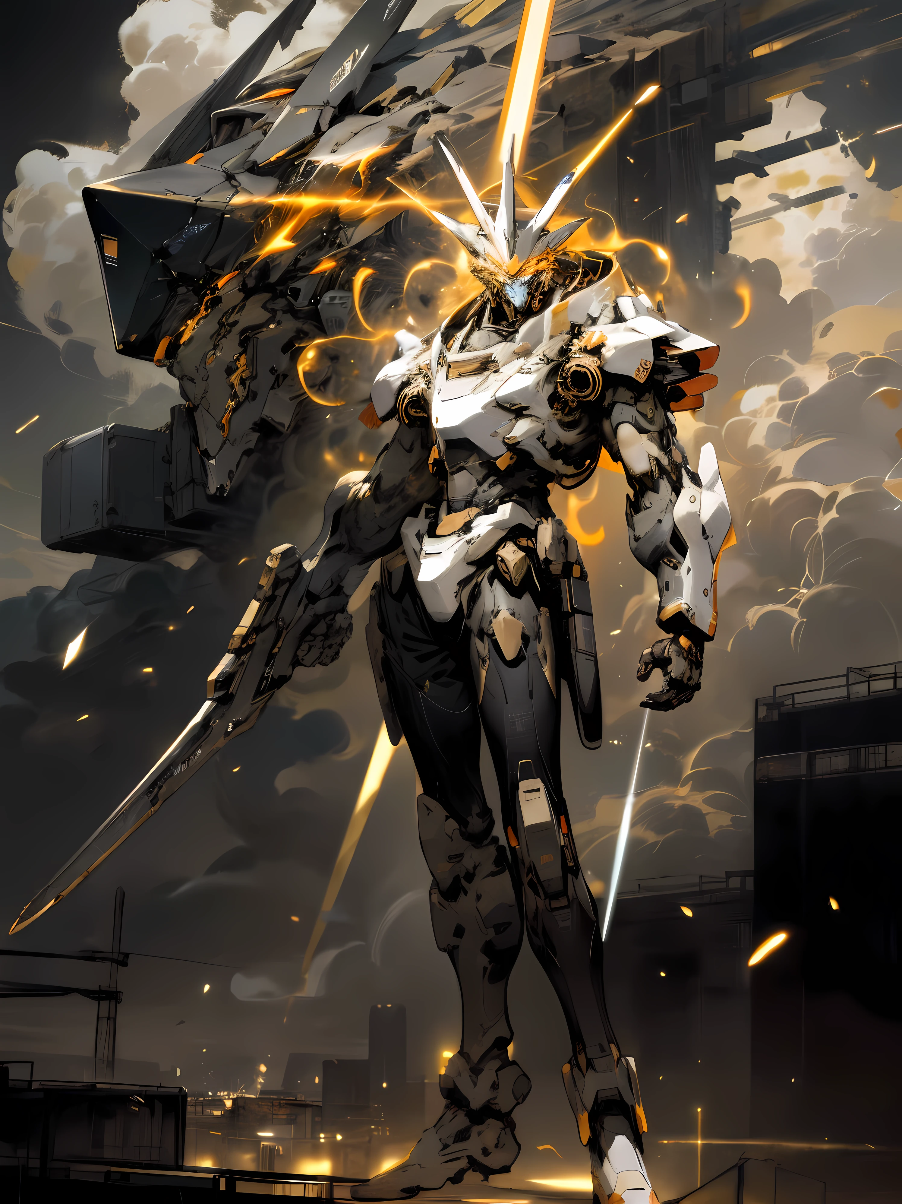 Skysky, clouds, ngel_arma, The No_Humanity, glowing, droid, buliding, glowing_The eye, mechs, scientific fiction, 城市.actual,mechs,clean background trending, Gold and black tones, Golden ratio composition,Full body photo,Crystal material, fiery red color, Red-black tones,Gold and black tones, ,Gold and black tones.