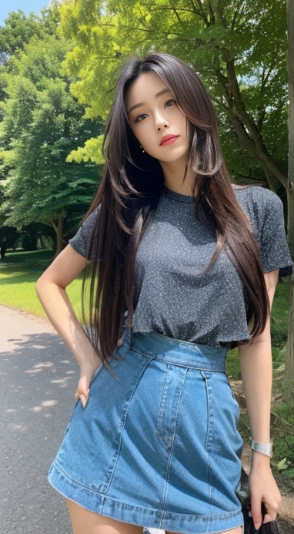 ((best qualtiy, 8k, tmasterpiece:1.3)), sharp:1.2, perfect figure beautiful woman:1.4, Slim abs:1.2, ((Layered Hair Style, :1.2)), Highly detailed facial and skin texture，詳細な目，二重まぶた，Pink hip wrapped skirt，outside，In the park，the woods，On the road