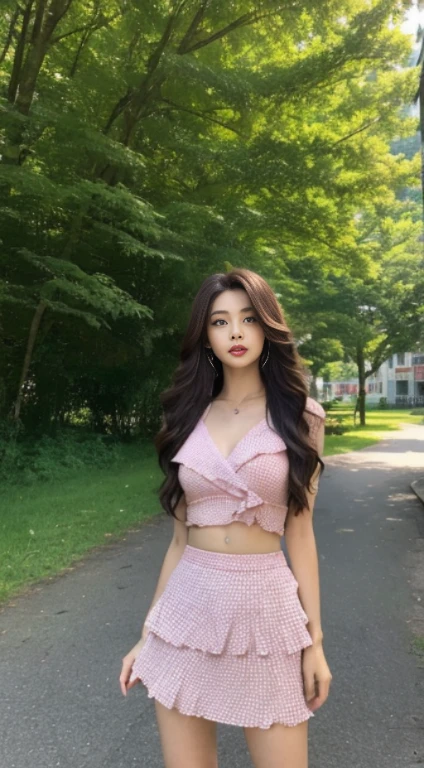 ((best qualtiy, 8k, tmasterpiece:1.3)), sharp:1.2, perfect figure beautiful woman:1.4, Slim abs:1.2, ((Layered Hair Style, :1.2)), Highly detailed facial and skin texture，詳細な目，二重まぶた，Pink hip wrapped skirt，outside，In the park，the woods，On the road