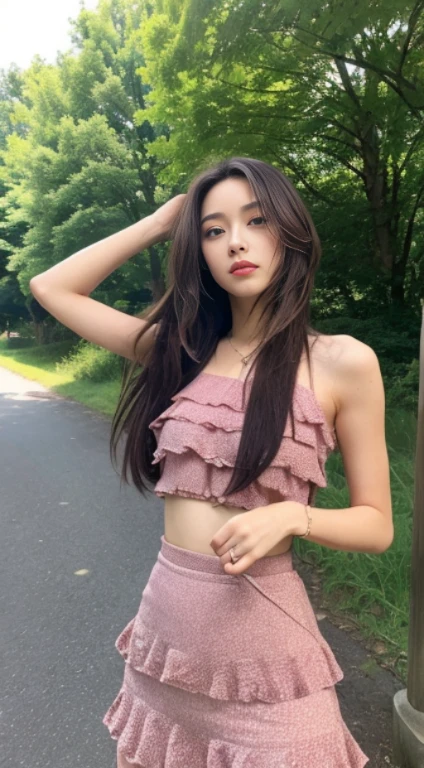 ((best qualtiy, 8k, tmasterpiece:1.3)), sharp:1.2, perfect figure beautiful woman:1.4, Slim abs:1.2, ((Layered Hair Style, :1.2)), Highly detailed facial and skin texture,詳細な目,二重まぶた,Pink hip wrapped skirt,outside,In the park,the woods,On the road