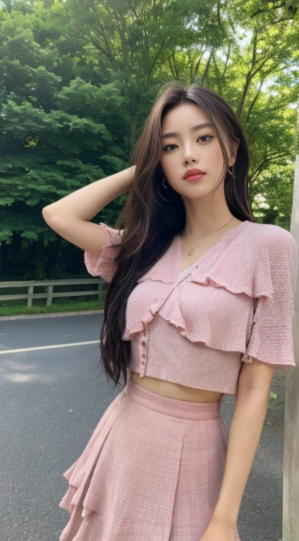 ((best qualtiy, 8k, tmasterpiece:1.3)), sharp:1.2, perfect figure beautiful woman:1.4, Slim abs:1.2, ((Layered Hair Style, :1.2)), Highly detailed facial and skin texture，詳細な目，二重まぶた，Pink hip wrapped skirt，outside，In the park，the woods，On the road