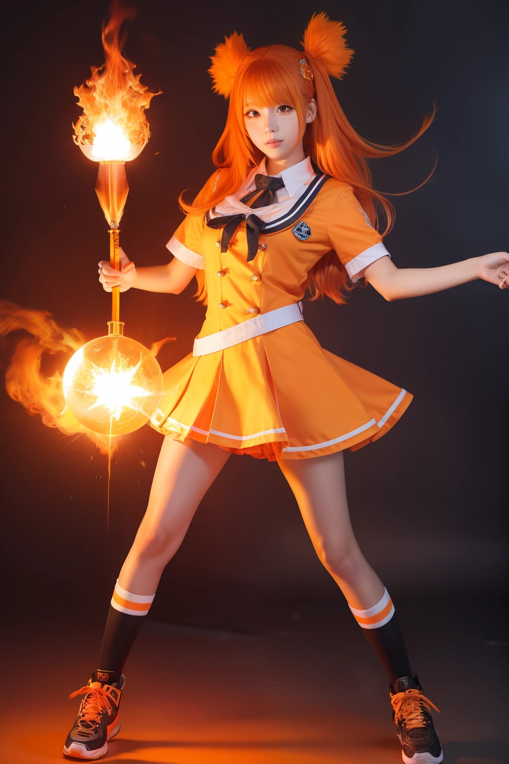 fantasy flame user high school girl、full body Esbian、、fluorescent orange uniform、、、、Idol face、create a fireball with magic、Light orange hair