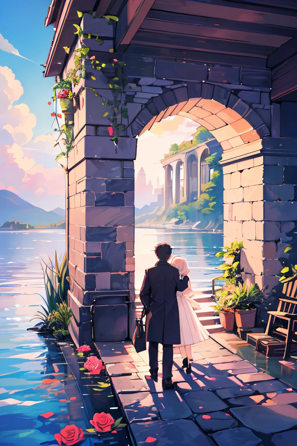 In a romantic atmosphere,couple cuddling,Stroll through the Sea of Roses,Romantic Valentine's Day theme under the blue sky and white clouds。