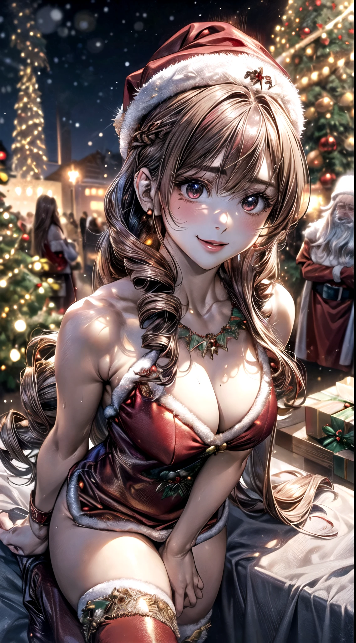 (masterpiece:1.2, top-quality), (realistic, photorealistic:1.4), beautiful illustration, NSFW, looking at viewer, cowboy shot, front view:0.8,
1 girl, japanese, high school girl, beautiful hair, beautiful face, beautiful detailed eyes, (long hair:1.8), (drill hair:1.7), bangs, hair between eye, light brown hair, blue eyes, mole under eye,
beautiful clavicle, beautiful body, beautiful chest, large breasts:0.8, beautiful thighs, beautiful legs, beautiful fingers, bare thighs, (thick thighs, large valleys),
(beautiful scenery), christmas night, outdoors, (christmas tree:1.3),
((wearing santa claus costume, symmetrical clothing, metallic red santa claus hat, metallic red santa claus dress, metallic red santa claus boots, bare shoulders), christmas necklace),
(swollen), ((seductive posture:1.2, attractiveness:1.2)),
(erotic, sexy, upper eyes, laugh), shiny skin, walking,
celebration, exquisite details, exciting surprises, shiny ornaments, sparkling tinsel,
anticipation, festive mood, magical ambiance, delightful moment, wonderful memories, christmas magic, extravagant, abundance of presents,
perfect face, cute and symmetrical face, natural side lighting, movie lighting), depth of fields,
