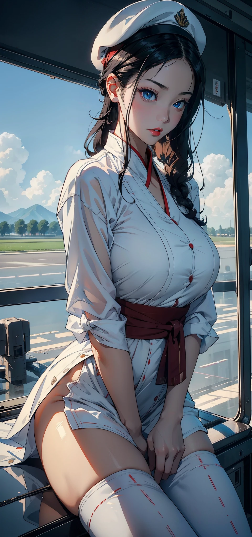 1womanl，33yo，熟妇，A MILF，extremely large bosom，Raised sexy，Pornographic exposure， 独奏，（Background with：aerodrome，ln the forest，Planes，）in an airplane， She has short black hair，bobo head，Redlip，裸体少女，dynamicposes，seen from the front， hair straight， mostly cloudy sky，（（（tmasterpiece），（Very detailed CG unity 8K wallpaper），best qualtiy，cinmatic lighting，detailed back ground，beatiful detailed eyes，Bright pupils，（Very fine and beautiful），（Beautiful and detailed eye description），Blue eyes，Redlip，ultra - detailed，tmasterpiece，）），facing at camera，（The upper part of the body），A high resolution，ultra - detailed），revealing breasts，Bare genitalia，  Bulge，Sleeping on the Bed，Leakage of the genitals，Incontinence，legs are open，sexyposture，Camel toes，Flushed complexion，Open-mouthed，frontage，Chinese flight attendant，beret（Wearing：，White Hanfu）