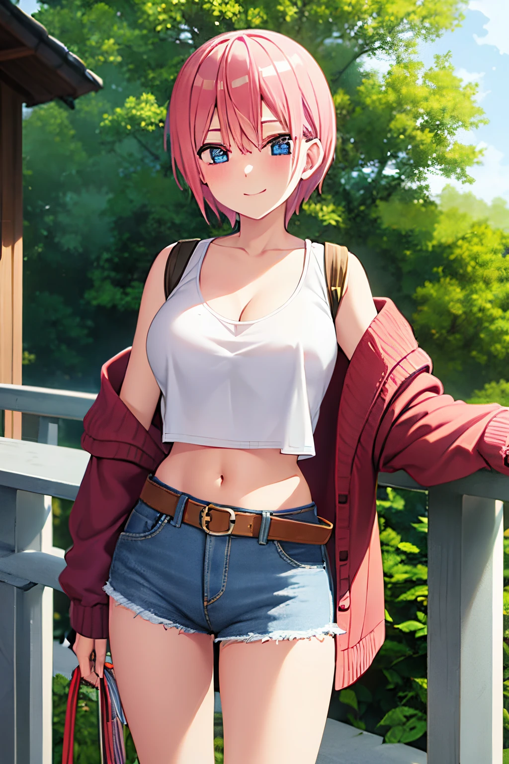 2d, masterpiece, best quality, anime, highly detailed, 1girl, solo, cowboy shot, nakano ichika, pink hair, short hair, cardigan around waist,White crop top, cleavage,Denim shorts, medium breasts, standing, outdoors, smile