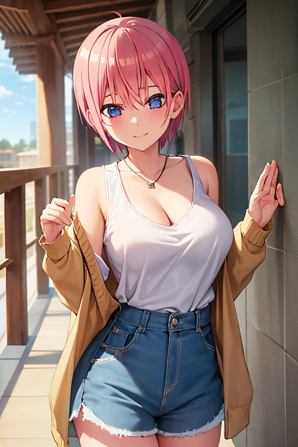 2d, masterpiece, best quality, anime, highly detailed, 1girl, solo, cowboy shot, nakano ichika, pink hair, short hair, cardigan around waist,White crop top, cleavage,Denim shorts, medium breasts, standing, outdoors, smile