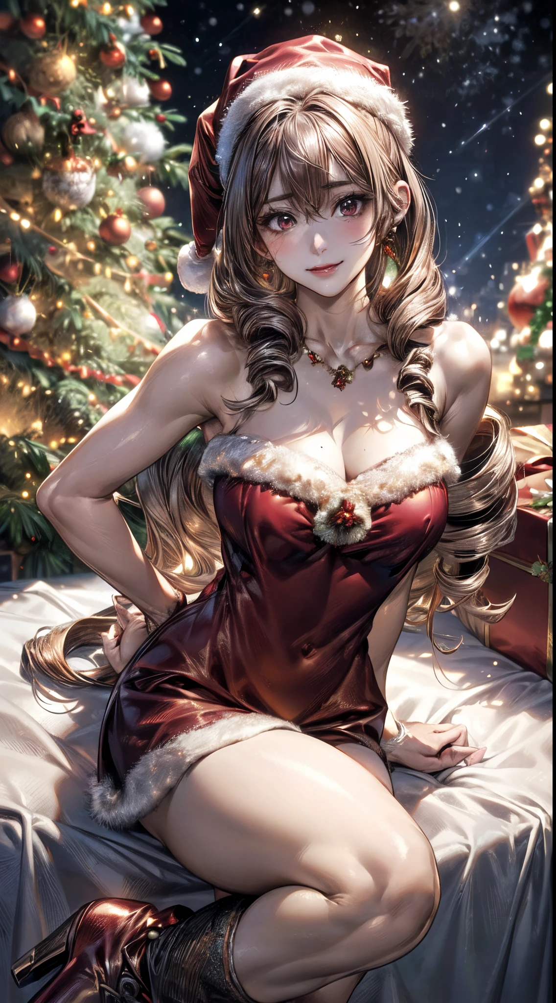 (masterpiece:1.2, top-quality), (realistic, photorealistic:1.4), beautiful illustration, NSFW, looking at viewer, cowboy shot, front view:0.8,
1 girl, japanese, high school girl, beautiful hair, beautiful face, beautiful detailed eyes, (long hair:1.8), (drill hair:1.7), bangs, hair between eye, light brown hair, blue eyes, mole under eye,
beautiful clavicle, beautiful body, beautiful chest, large breasts:0.8, beautiful thighs, beautiful legs, beautiful fingers, bare thighs, (thick thighs, large valleys),
(beautiful scenery), christmas night, outdoors, (christmas tree:1.3),
((wearing santa claus costume, symmetrical clothing, metallic red santa claus hat, metallic red santa claus dress, metallic red santa claus boots, bare shoulders), christmas necklace),
(swollen), ((seductive posture:1.2, attractiveness:1.2)),
(erotic, sexy, upper eyes, laugh), shiny skin, walking,
celebration, exquisite details, exciting surprises, shiny ornaments, sparkling tinsel,
anticipation, festive mood, magical ambiance, delightful moment, wonderful memories, christmas magic, extravagant, abundance of presents,
perfect face, cute and symmetrical face, natural side lighting, movie lighting), depth of fields,