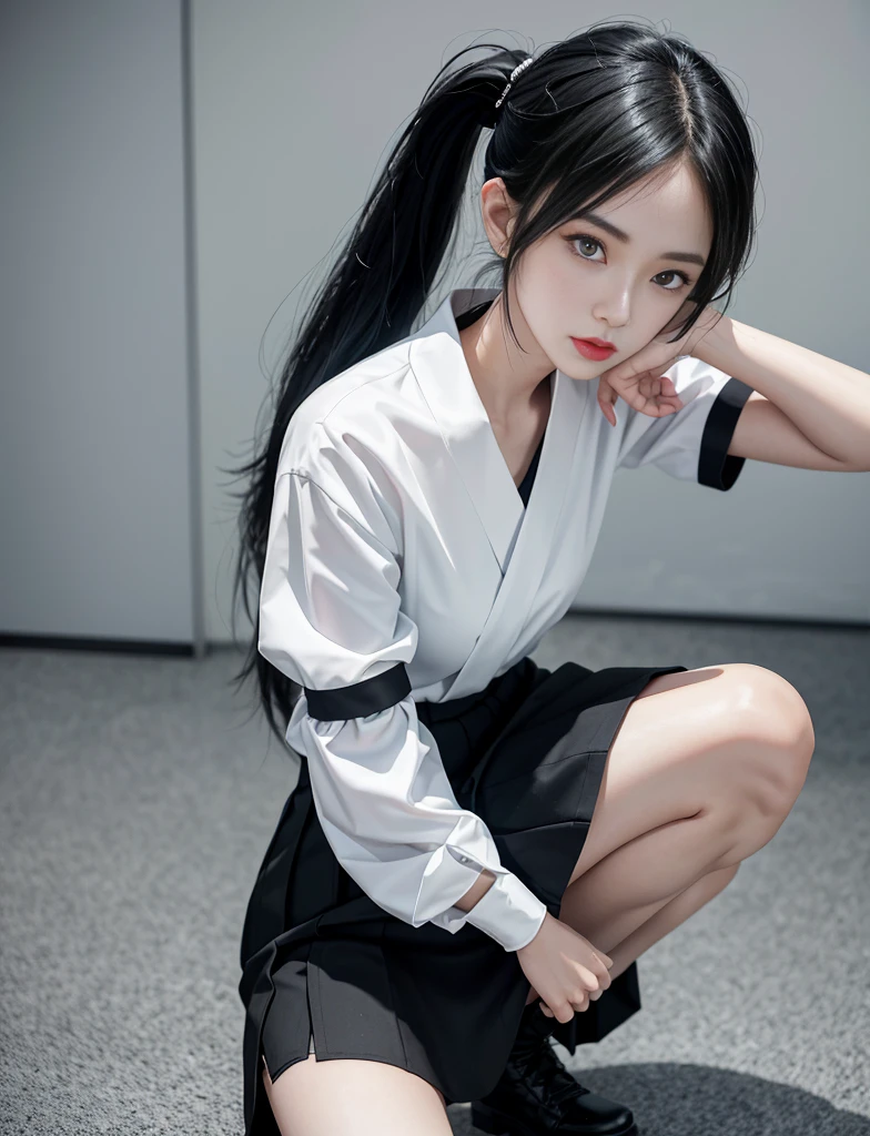 Slender and jet-black eyes、Jet-black hair in a wareng ponytail、She has white skin like white porcelain and is neat, polite and mature, but she has a slender body with small breasts.、Beautiful Japanese woman 28 years old、She wears a sailor school uniform with black shorts underneath her skirt.、low angles、Squat down on your knees to show the shorts inside your skirt、