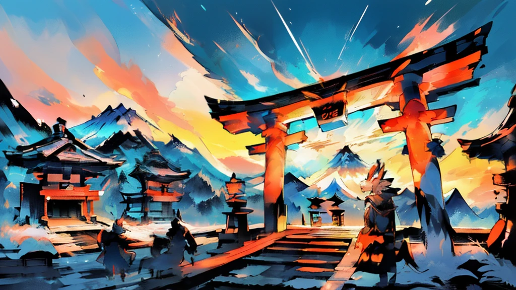 ((nengajo)), new year, ((dragonaby dragon, sun rise, (blue mt.fuji), (japan), (rising sun), red sun, jinja, jinzya, shrine, shinto, kimono, manga, friendly, illustration, clear, crisp,(vivid color, depth of field, perfect lighting, best quality),(masterpiece),(ultra detailed),(detailed background),sharp focus, calligraphy, 2024