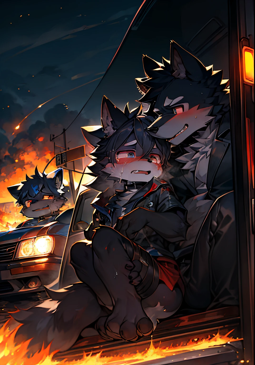 A car and truck accident highway road burning car and injured black Furry wolf and two kids Furry crying