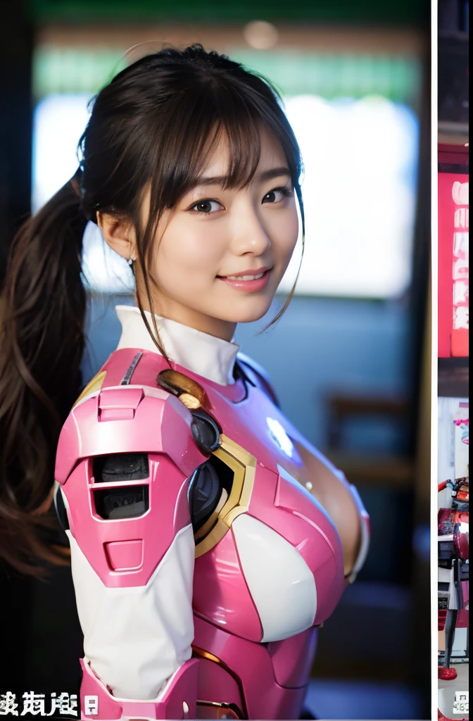 top-quality、​masterpiece、超A high resolution、(Photorealsitic:1.4)、女の子1人、Black hair、poneyTail、glowy skin、(sexy 23 year old japanese woman)、(Wearing a pink and white Iron Man suit:1.3)、(After fierce fighting:1.5)、(super realistic details)、portlate、8K、ultrasharp、huge udder、A smile、the beach、cleavage of the breast