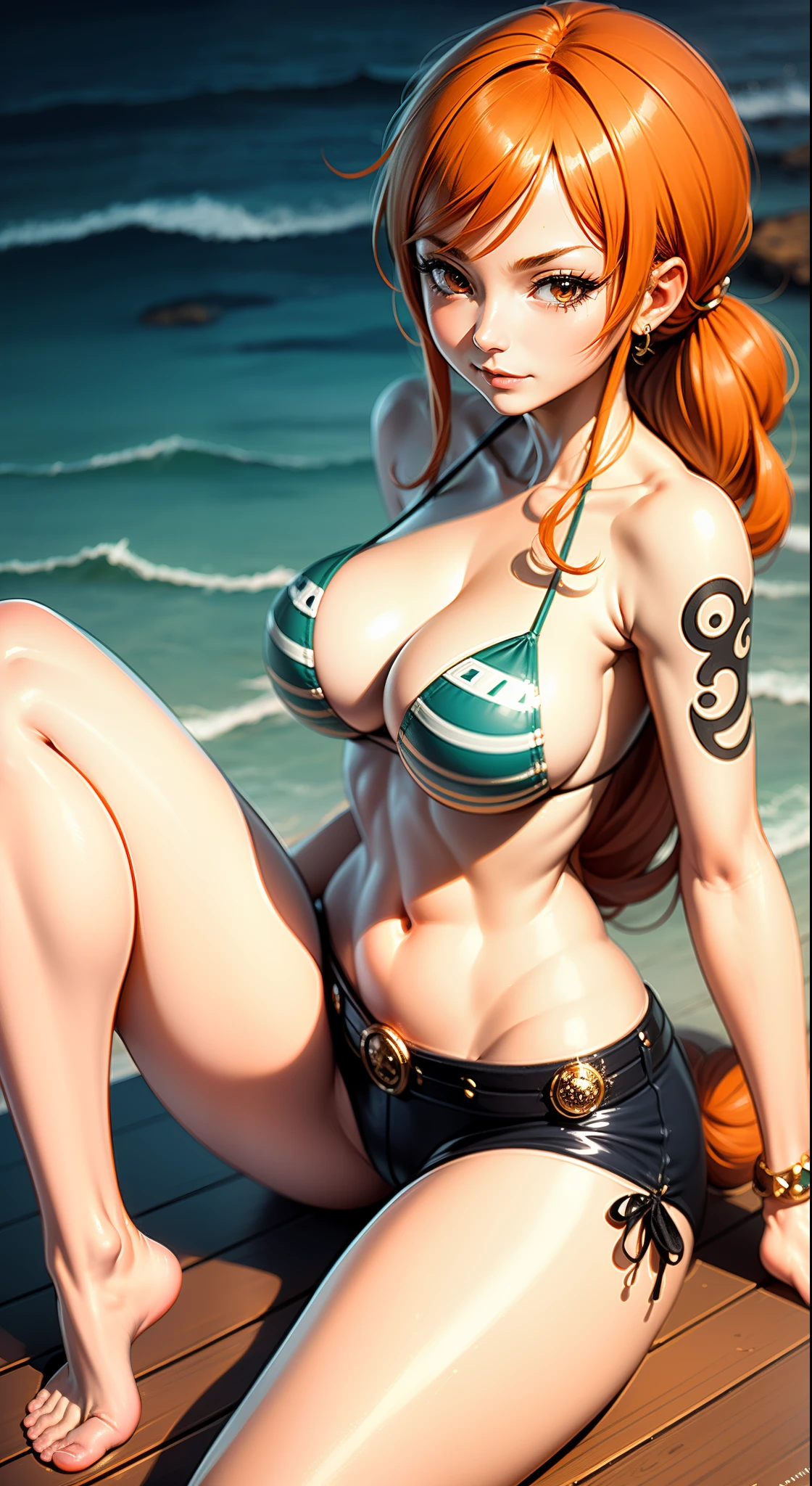 (Anime Art Style),Nami of one piece, Brown eyes, Orange long ponytail hair, wearing black bikini, sitting on beach, Blushing,(NSFW), Front view.