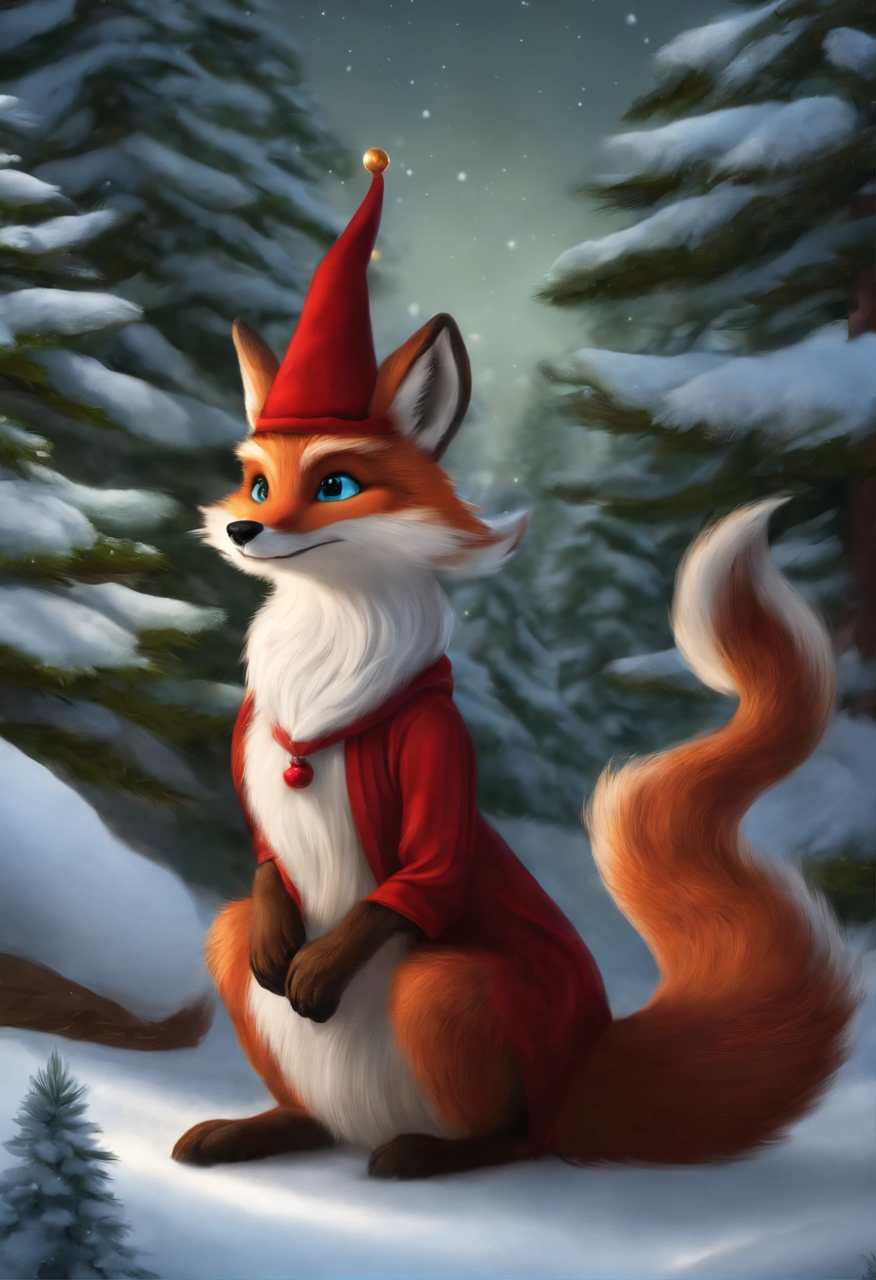 there is a red dragon with a Christmas tree on the snow, furry fantasy art, foxes in a Santa Claus hat, fantasy fox love, adorable digital painting, Dark Fox Mage, full resolution, by Alexander Kucharsky, very very beautiful furry art, Trehhvostaya fox, collectible card art, cgsociety contest winner!!, 4k detailed digital art