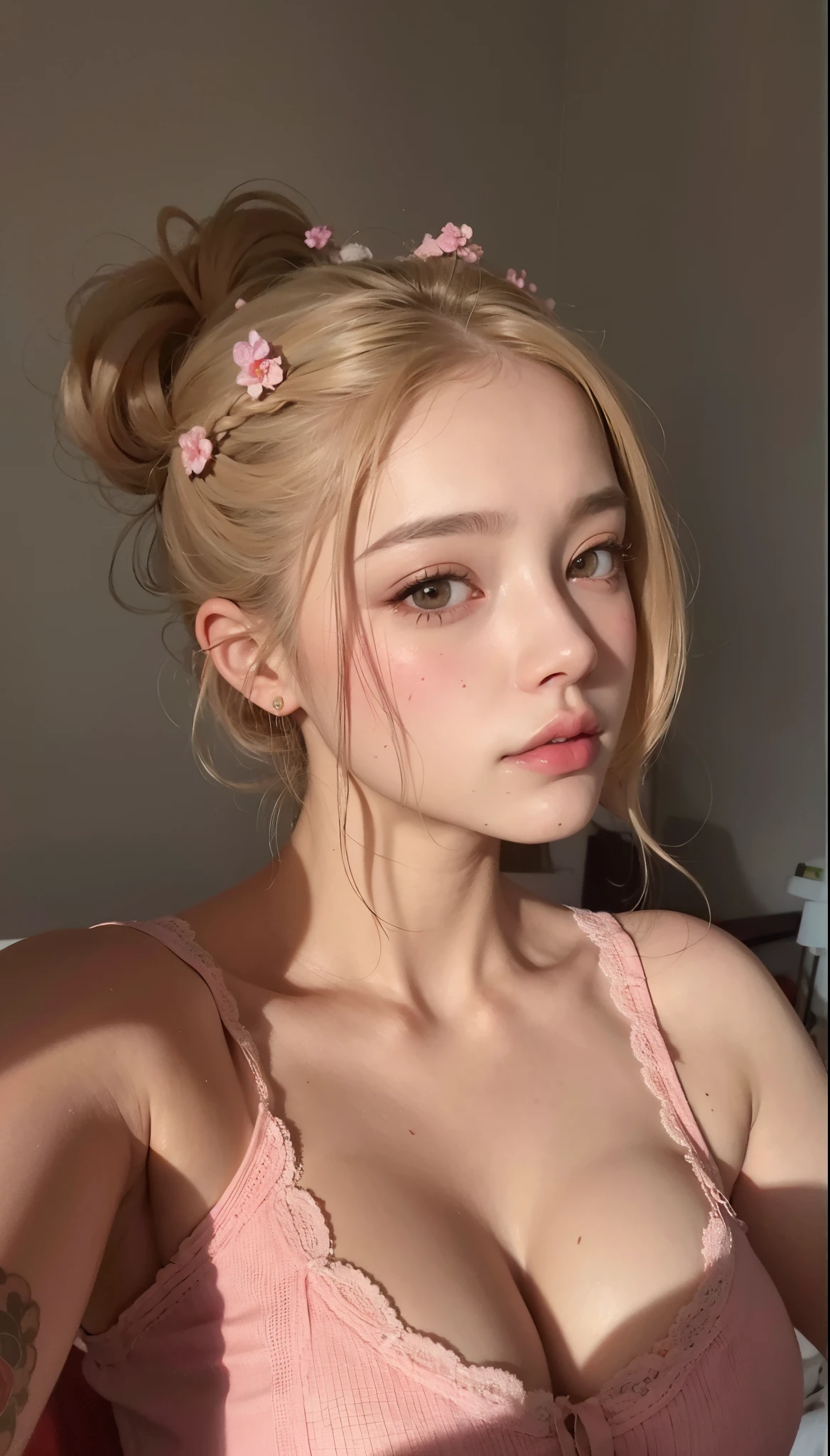 Mujer rubia con sujetador rosa y pelo de flores en el dormitorio, Retrato realista kawaii, Pintura realista de chica linda, Obras de arte al estilo de Guweiz, realistic artistic style, Pintura digital realista, in the art style of bowater, Estilo de arte realista, inspirado por Yanjun Cheng, Estilo de realismo de anime, Retrato suave disparado 8K, 🤤 girl portrait, Hiperrealista