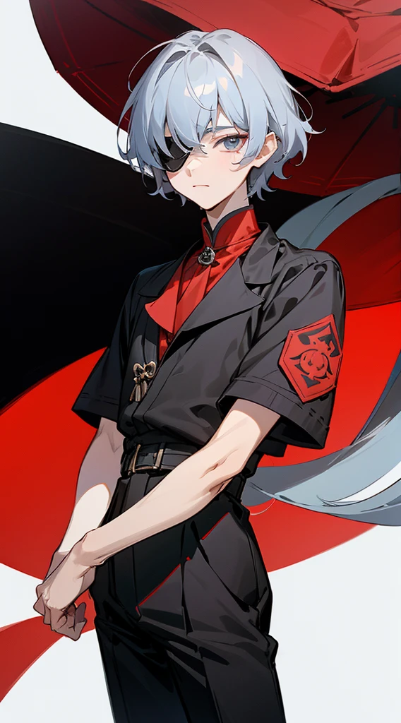 illustration, 2.5D, flat colors: 1.3, Line-Art, black and white, (detailed lights, detailed shadows),a close up of a person wearing a red shirt and black pants, hsiao-ron, mark lee, cai xukun, he wears an eyepatch, delicate androgynous prince, photo from vogue magazine, steven meisel, hyung tae, vman magazine, with a squid tattoo on his arms, steven klein, beautiful androgynous prince, for gq,((modern clothes )) Looking at the Viewer, looking at the camera