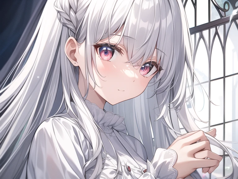 ((tmasterpiece, Best quality at best))++, detailedlight+,  Detail hair+, Detail hands+ ,1个Giant Breast Girl, maam, long whitr hair,   dark red eye,  pretty eyes, Young gray hair,,(beautiful white hair:1.5),(美丽细致的眼睛),    A high resolution+,   blacksilk  ， a black skirt, Glass tones, Reflective eyes,   {{angled}} , Extremely detailed wallpapers, Original, ,