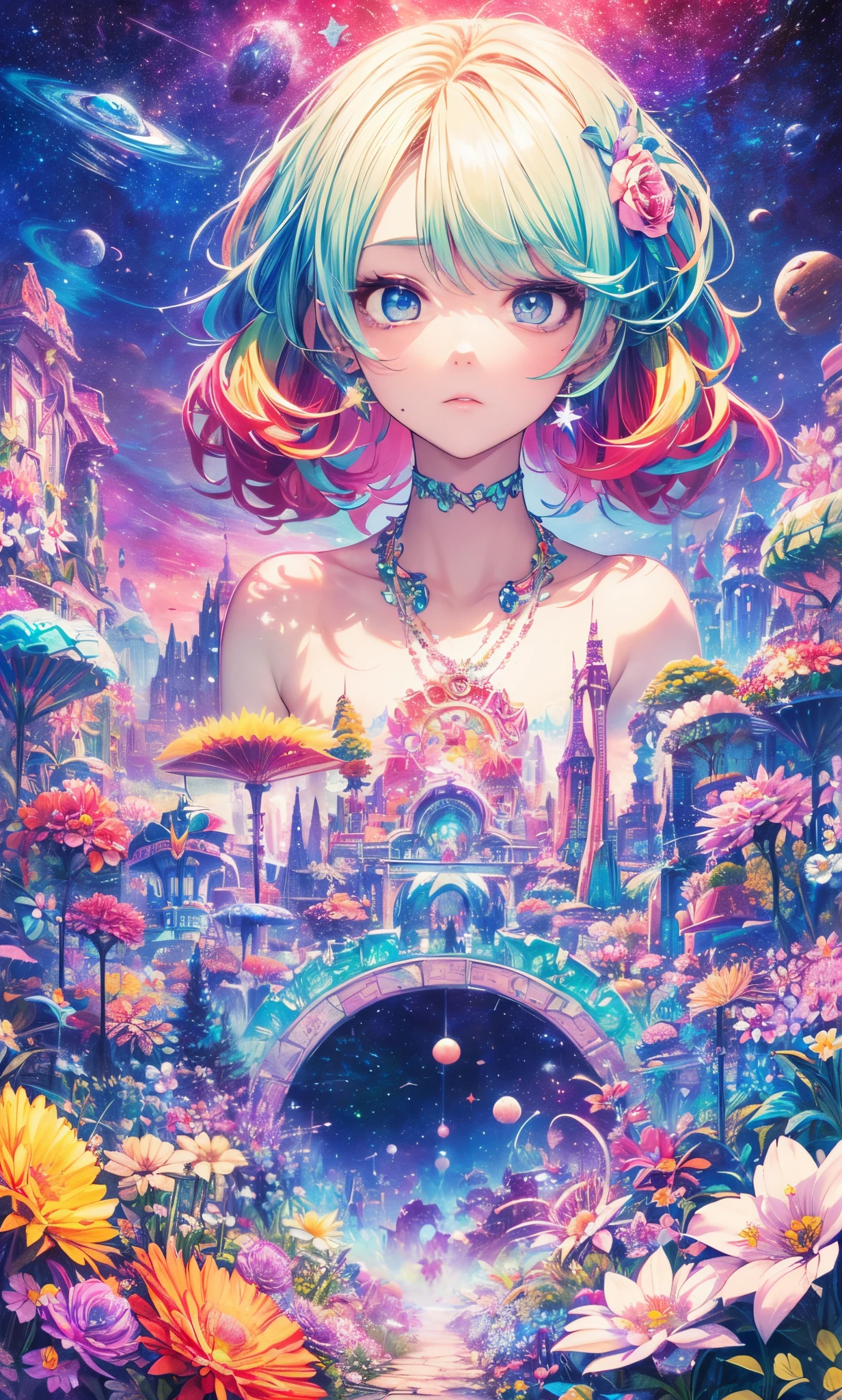 Melody Mark,top-quality、masutepiece、1womanl、独奏、(abstract art:1.4),(Psychedelia Theme:1.6),(Gunjo World:1.5),(Lots of creatures:1.5),(Space world:1.5),(At the center of the world is the most beautiful woman in the world),(many stars are falling:1.5),A ray of light spreads,Crystals spreading from the center,prisma(Nostalgic landscapes:1.5),(colorful flower:1.5),Garden Girl,absurderes, ultra-detailliert,bright colour, extremely beautiful detailed anime face and eyes,Short hair,asymmetrical bangs, Blonde hair with short twin tails, Shiny hair, Delicate beautiful face, red blush、Blue eyes, White skin, hair clips, earrings, a necklace,