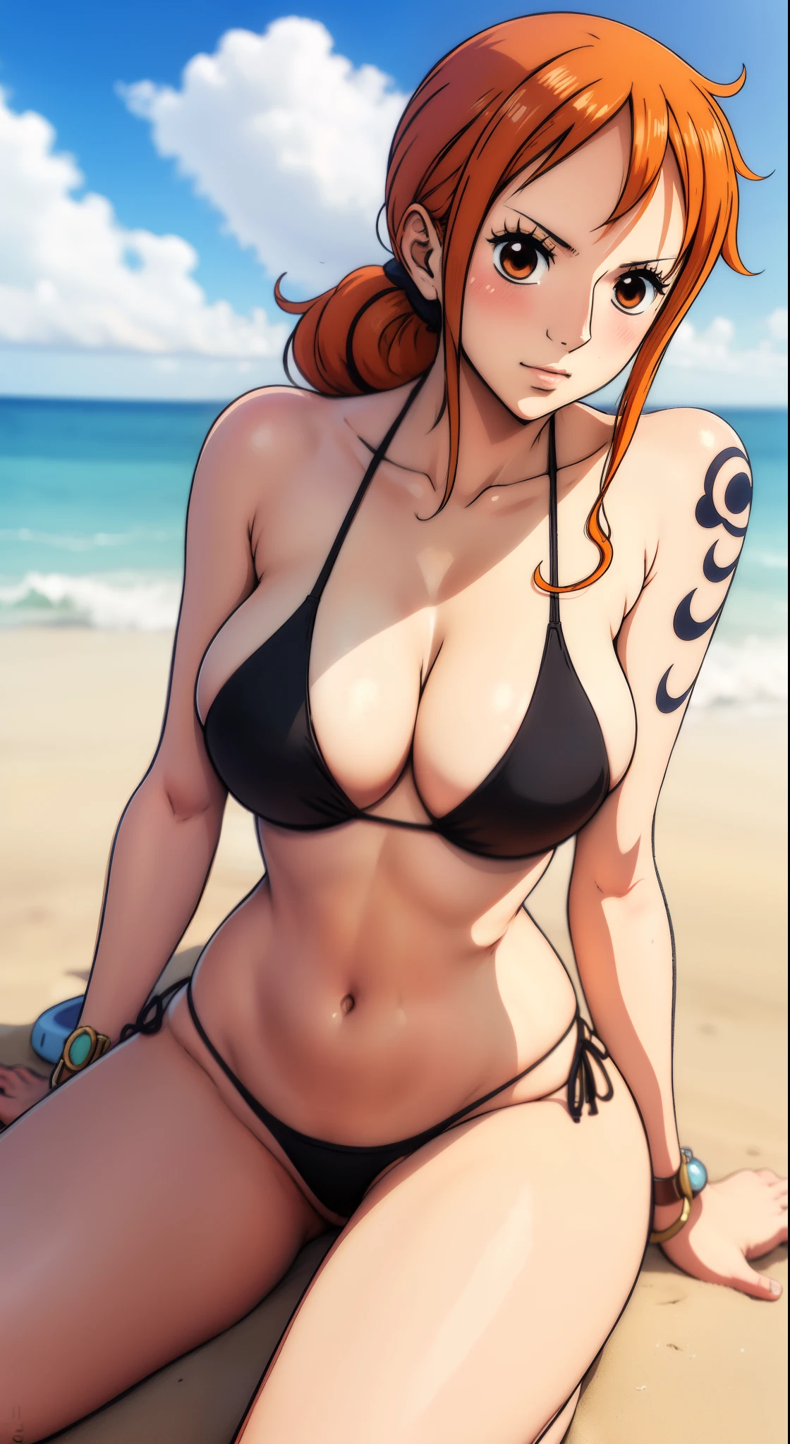 (Anime Art Style),Nami of one piece, Brown eyes, Orange long ponytail hair, wearing black bikini, sitting on beach, Blushing,(NSFW), Front view.