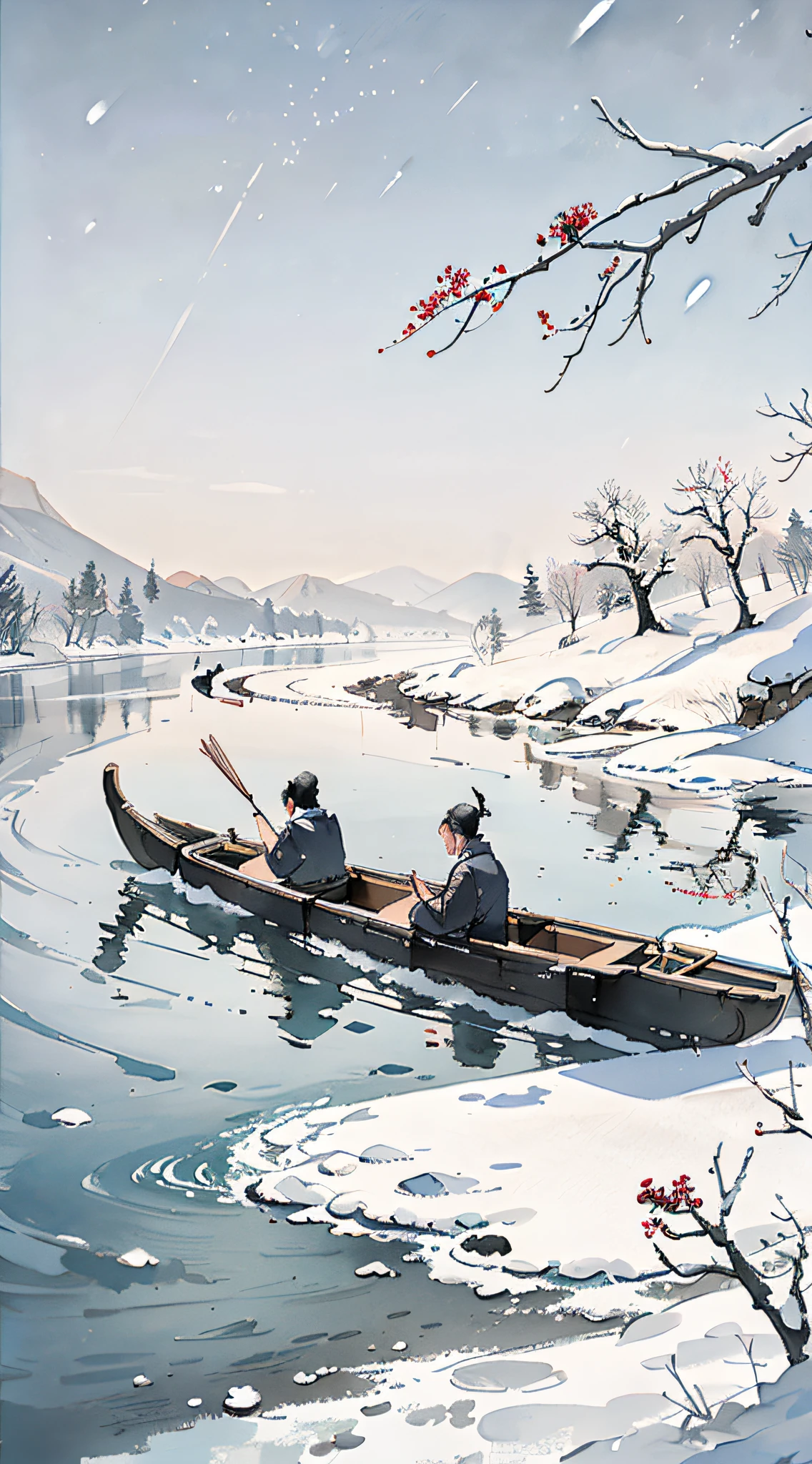 （tmasterpiece，Best quality：1.2），Tradition Chinese Ink Painting，There is by the sea，on the cold river，Rowing alone in the snow