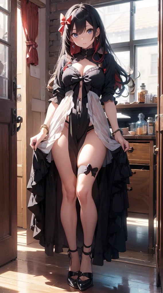 1girl in, long_hair, Bright_hair_Color, Seductive_Eyes, Mysterious_expression, Mature_appearance, Glamorous_outfit, flowing_Dress, Elegant_Jewelry, Convoluted_ornamented, Magic_Symbols, blazing_Accessories, potions, sscroll, Cute_accent, the bow, bow ribbon, Flowers,