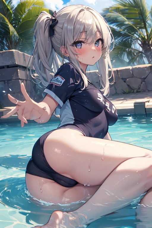 top-quality、Top image quality、in 8K,4K,​masterpiece、ultra-detailliert、Beautiful、ultra-quality, Best Quality,High resolution, Ultra-detailed,Game CG,Dutch Angle,Beautiful detailed eyes,Five Fingers,a beauty girl, 1girl in, Bangs,blush, flat breast, Looking at Viewer,Old School Swimwear,Wet,Oily,Prone,Show your butt