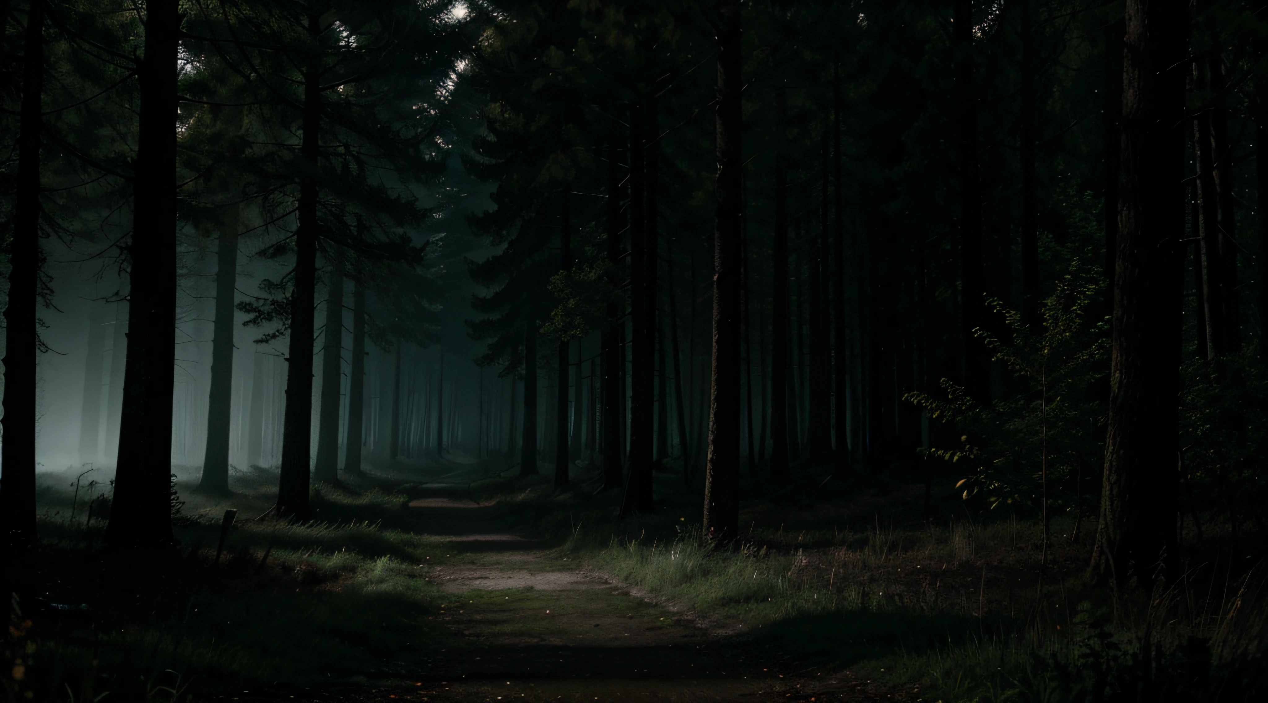Caminhada pela floresta, estilo resident evil, floresta de guaxinins, multiple camera angles at night, ghostly scenery. Fog between the trees. Highly realistic and photographic.