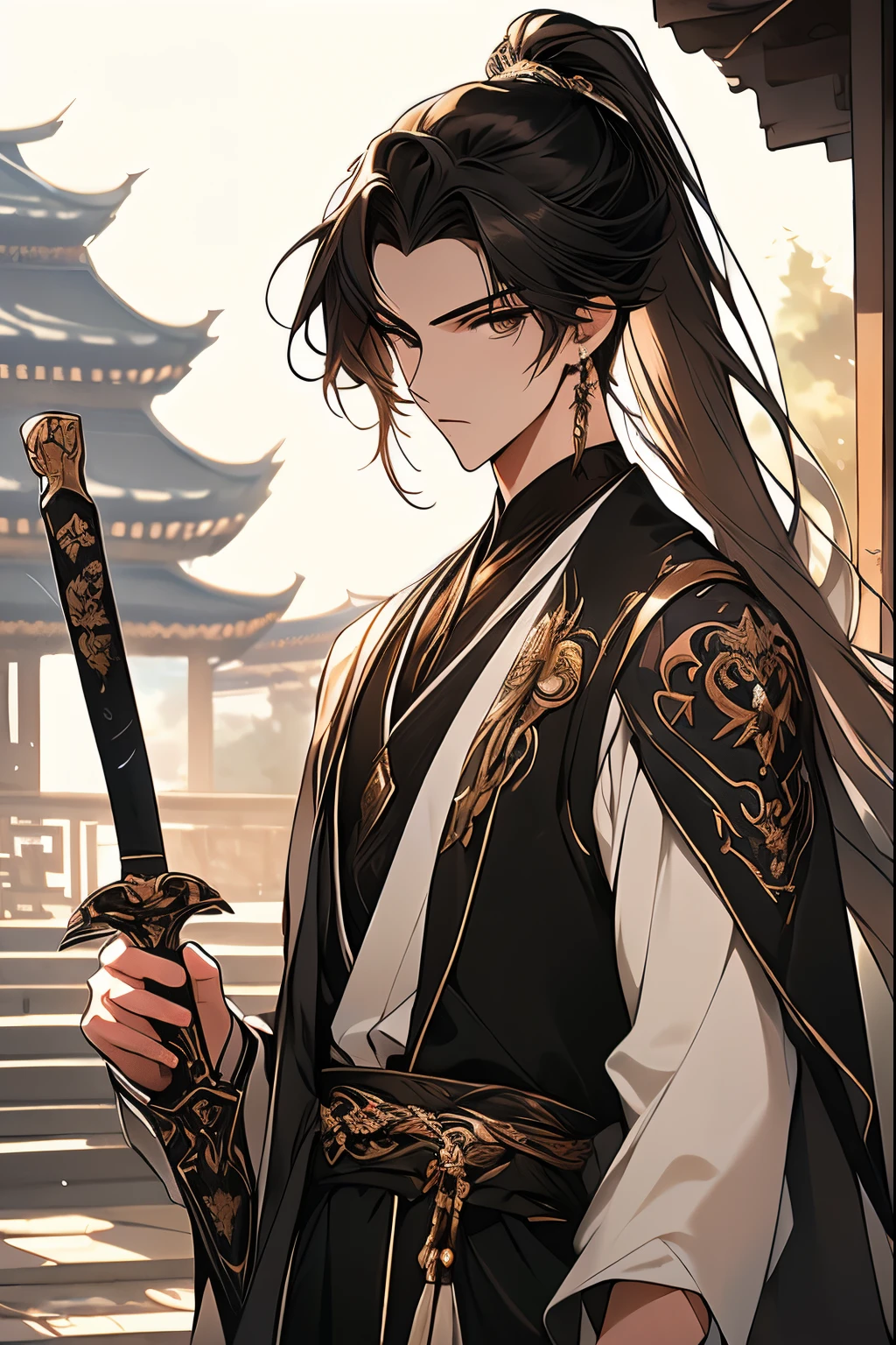(Best quality at best,A high resolution,The image is clear，Garden scene，:1.2),A boy with，the only person，Ultra detailed backgrounds,Beautiful ager standing holding sword，Chinese style clothes，high ponytails，natta，blue colored eyes，Garden scene,under moonlight,starrysky，Asian architecture，Romantic atmosphere,，Dutch Angle Shot,gentlesoftlighting,portrait of upper body，Eye focus，a sharp gaze，
