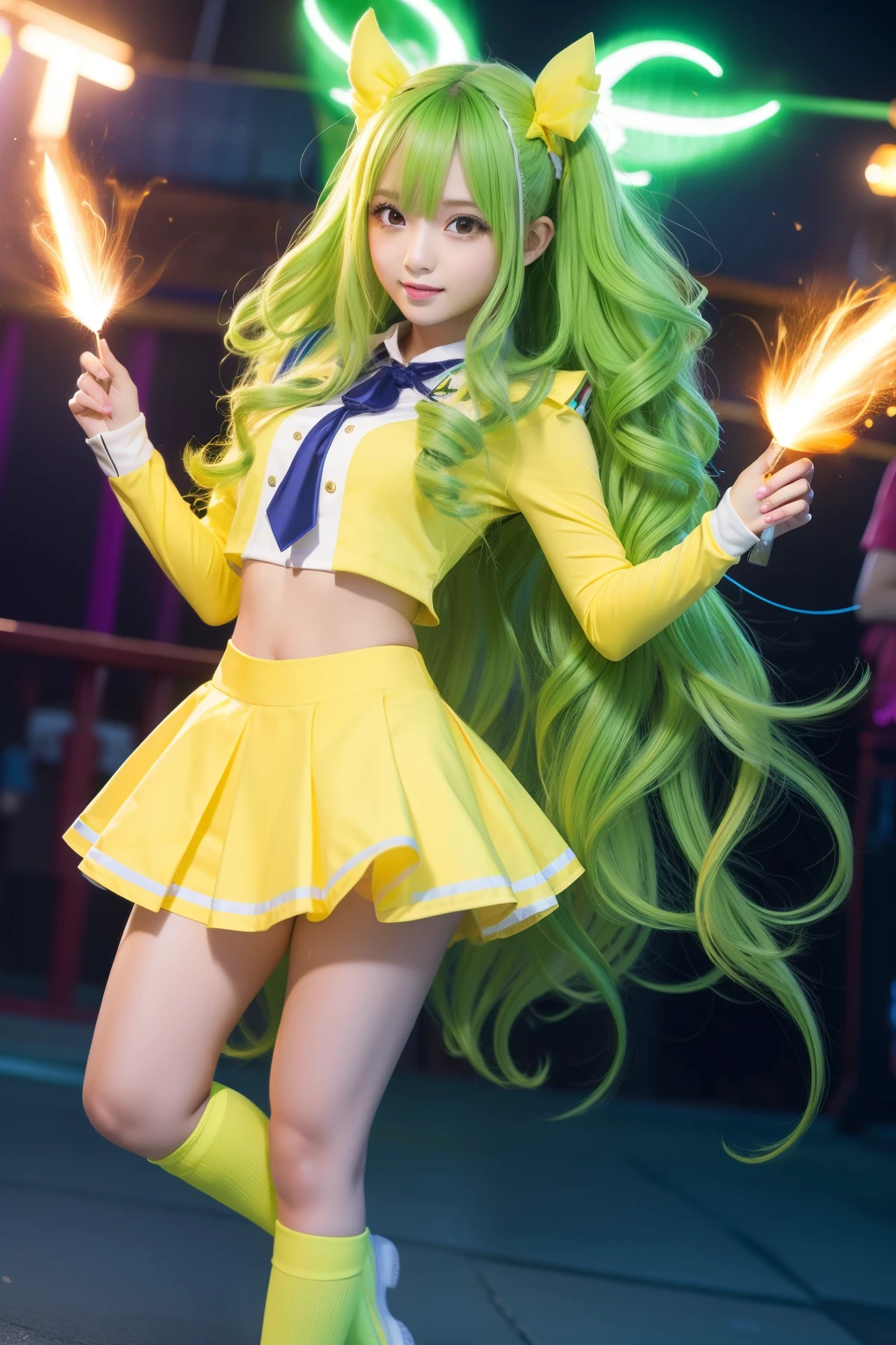 fantasy lightning user high school girl、full body Esbian、、Fluorescent Yellow Uniform、、、、Idol face、Create a ball of lightning with magic、fluorescent green wavy hair、Luminescent