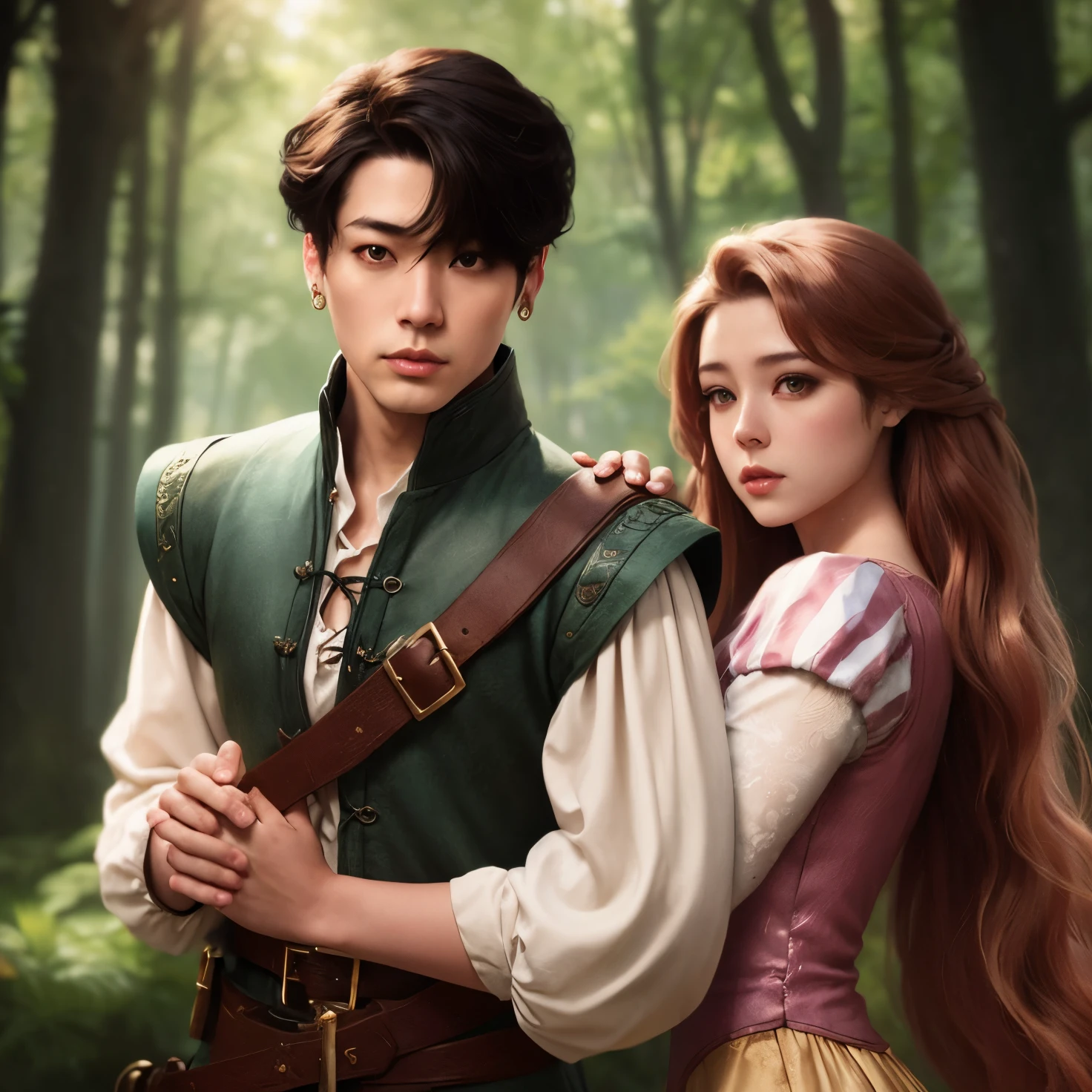 Imagen arafed de un hombre y una mujer en un bosque., Obras de arte al estilo de Guweiz, Hermosa pintura de personajes, Fantasy art style, in the art style of bowater, Loish y Wlop, Wlop y Sakimichan, fantasy characture portrait, Fantasy style art, Fanart oficial, Parque Andy, & Jeehyung Lee & WLOP